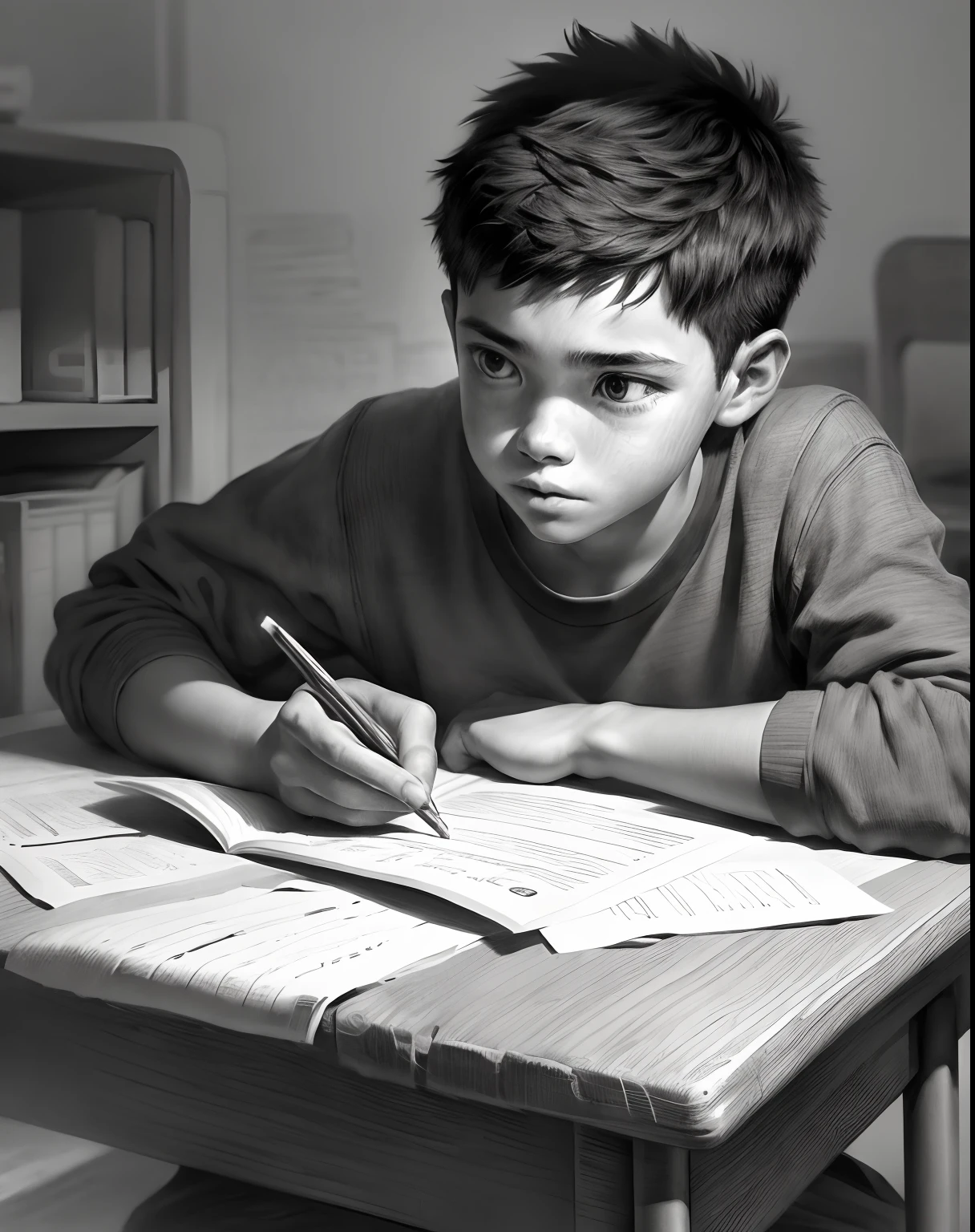 A 15-year-old boy studies in a classroom, Close-up portrait, charcoal portrait, Black and white, Pencil sketch. (Best quality, A high resolution, Ultra-detailed), Studio lighting, Realistic, Vivid colors, Fine details, Dramatic lighting, Contrast.