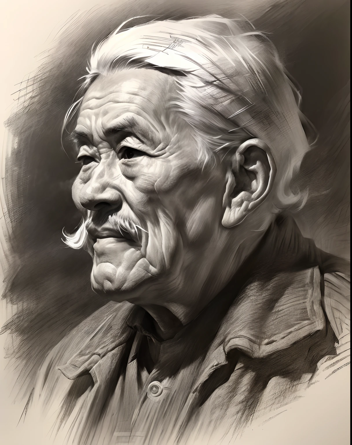 (A high resolution,Best quality,Realistic),(Portrait,Character) 's (Chinese old man:1.1),(Side view:1.1), Around (50 years old:1.1). The man has (Wrinkles:1.2) On his face, Show the mark of a better life. his (Expressive eyes),(Wise eyes:1.1) Show the depth of his experience. he had (Thick, White hair),(White hair:1.1) This adds to his noble appearance.

Portrait in (Classic charcoal style:1.2) with (Fine, detailedshadows:1.1), Capture every single one (wrinkle:0.9) and (wrinkle:0.9) In front of men. Sketching techniques brought out (Texture:1.1) His skin, Make it feel three-dimensional. The background is tranquil (landscape:1.1) with (misty mountains:1.2) and (Flowing rivers:1.1), It symbolizes the wisdom and serenity that comes with age.

The image is (Exceptional quality:1.2), with (清晰's线条:1.1) and (Subtle tones:1.1) Create an (true to life:1.37) Representatives of the elderly. the lighting is subdued， (Natural:1.1), Emphasize the contours of his face，adding depth to the overall composition.

This artwork captures the beauty and elegance of an elderly Chinese man, Reveal the wisdom and stories hidden beneath his old countenance. It's a (A touching portrayal) Celebrating China's rich history and cultural heritage.