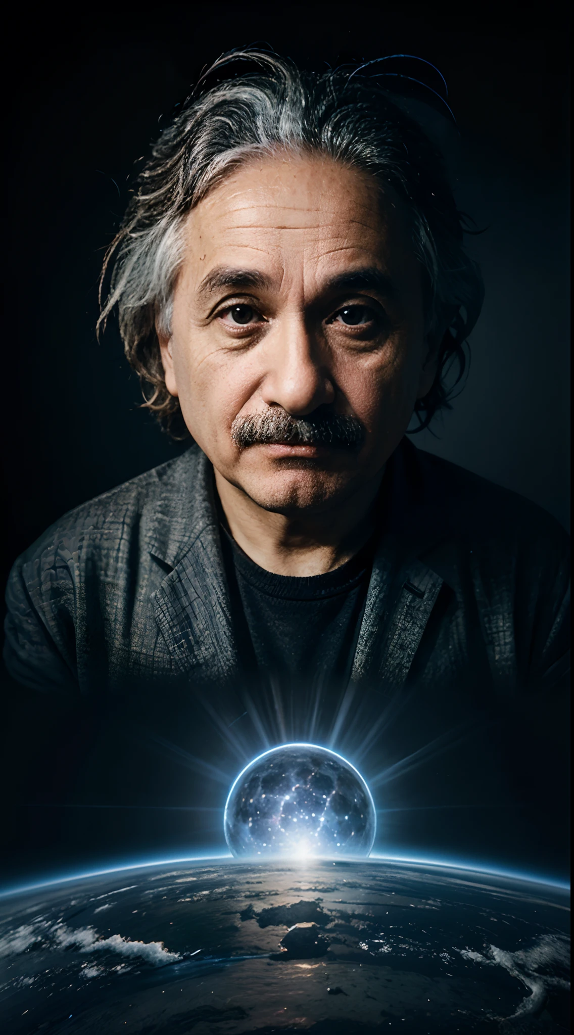 Visualize Einstein's impact beyond science: create a scene with elements of his scientific contributions and advocacy work merging, perhaps using a split image with scientific symbols on one side and peaceful visuals on the other.