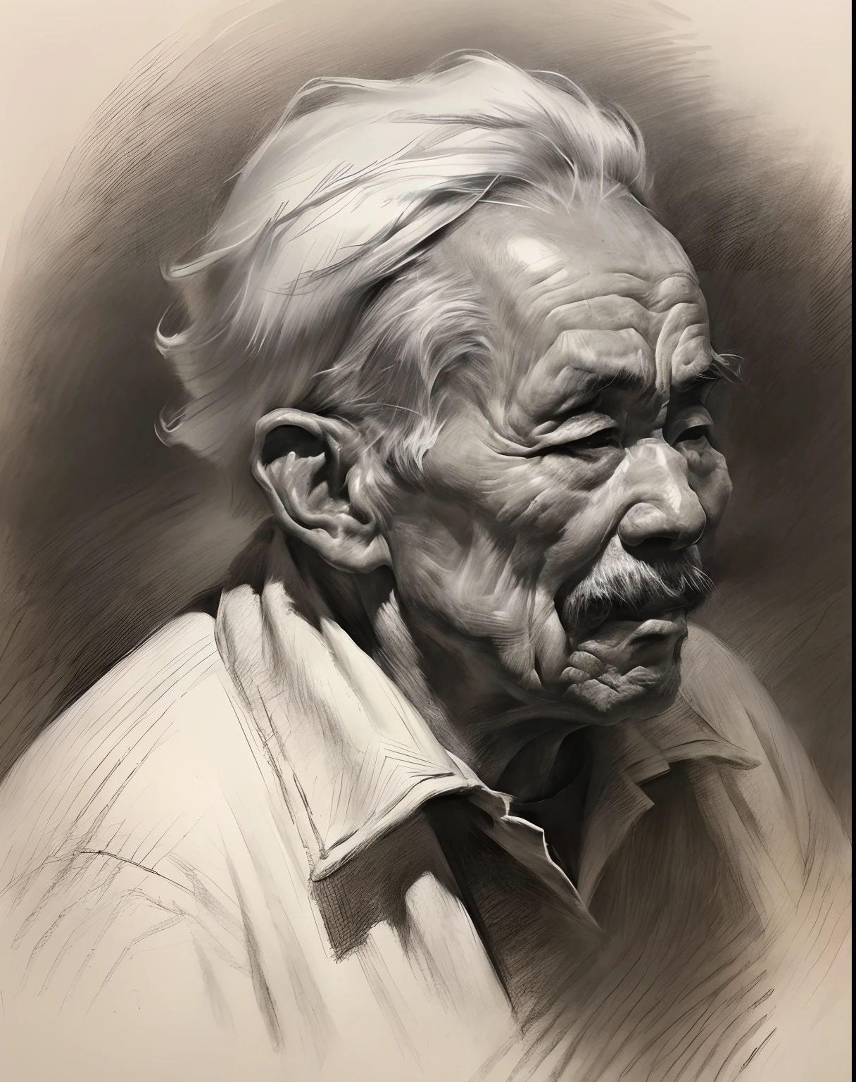 (A high resolution,Best quality,Realistic),(Portrait,Character) 's (Chinese old man:1.1),(Side view:1.1), Around (50 years old:1.1). The man has (Wrinkles:1.2) On his face, Show the mark of a better life. his (Expressive eyes),(Wise eyes:1.1) Show the depth of his experience. he had (Thick, White hair),(White hair:1.1) This adds to his noble appearance.

Portrait in (Classic charcoal style:1.2) with (Fine, detailedshadows:1.1), Capture every single one (wrinkle:0.9) and (wrinkle:0.9) In front of men. Sketching techniques brought out (Texture:1.1) His skin, Make it feel three-dimensional. The background is tranquil (landscape:1.1) with (misty mountains:1.2) and (Flowing rivers:1.1), It symbolizes the wisdom and serenity that comes with age.

The image is (Exceptional quality:1.2), with (清晰's线条:1.1) and (Subtle tones:1.1) Create an (true to life:1.37) Representatives of the elderly. the lighting is subdued， (Natural:1.1), Emphasize the contours of his face，adding depth to the overall composition.

This artwork captures the beauty and elegance of an elderly Chinese man, Reveal the wisdom and stories hidden beneath his old countenance. It's a (A touching portrayal) Celebrating China's rich history and cultural heritage.