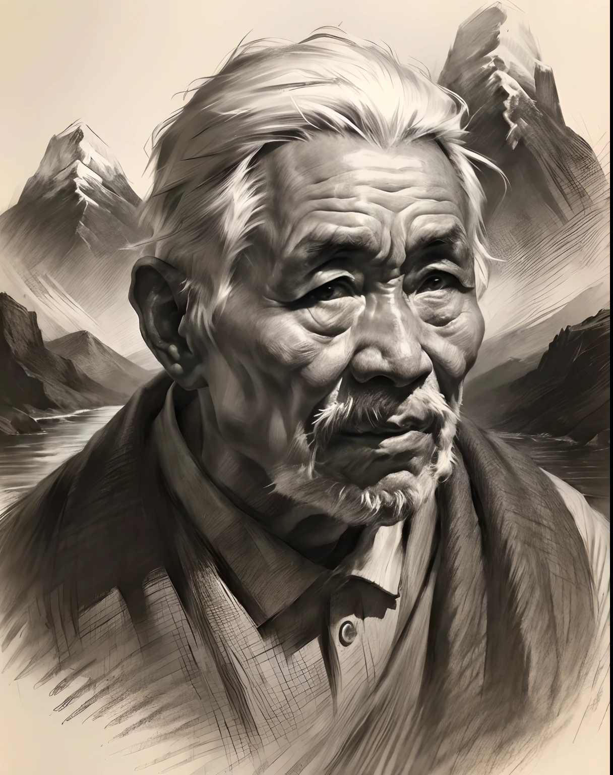 (A high resolution,Best quality,Realistic),(Portrait,Character) 's (Chinese old man:1.1),(Side view:1.1), Around (50 years old:1.1). The man has (Wrinkles:1.2) On his face, Show the mark of a better life. his (Expressive eyes),(Wise eyes:1.1) Show the depth of his experience. he had (Thick, White hair),(White hair:1.1) This adds to his noble appearance.

Portrait in (Classic charcoal style:1.2) with (Fine, detailedshadows:1.1), Capture every single one (wrinkle:0.9) and (wrinkle:0.9) In front of men. Sketching techniques brought out (Texture:1.1) His skin, Make it feel three-dimensional. The background is tranquil (landscape:1.1) with (misty mountains:1.2) and (Flowing rivers:1.1), It symbolizes the wisdom and serenity that comes with age.

The image is (Exceptional quality:1.2), with (清晰's线条:1.1) and (Subtle tones:1.1) Create an (true to life:1.37) Representatives of the elderly. the lighting is subdued， (Natural:1.1), Emphasize the contours of his face，adding depth to the overall composition.

This artwork captures the beauty and elegance of an elderly Chinese man, Reveal the wisdom and stories hidden beneath his old countenance. It's a (A touching portrayal) Celebrating China's rich history and cultural heritage.