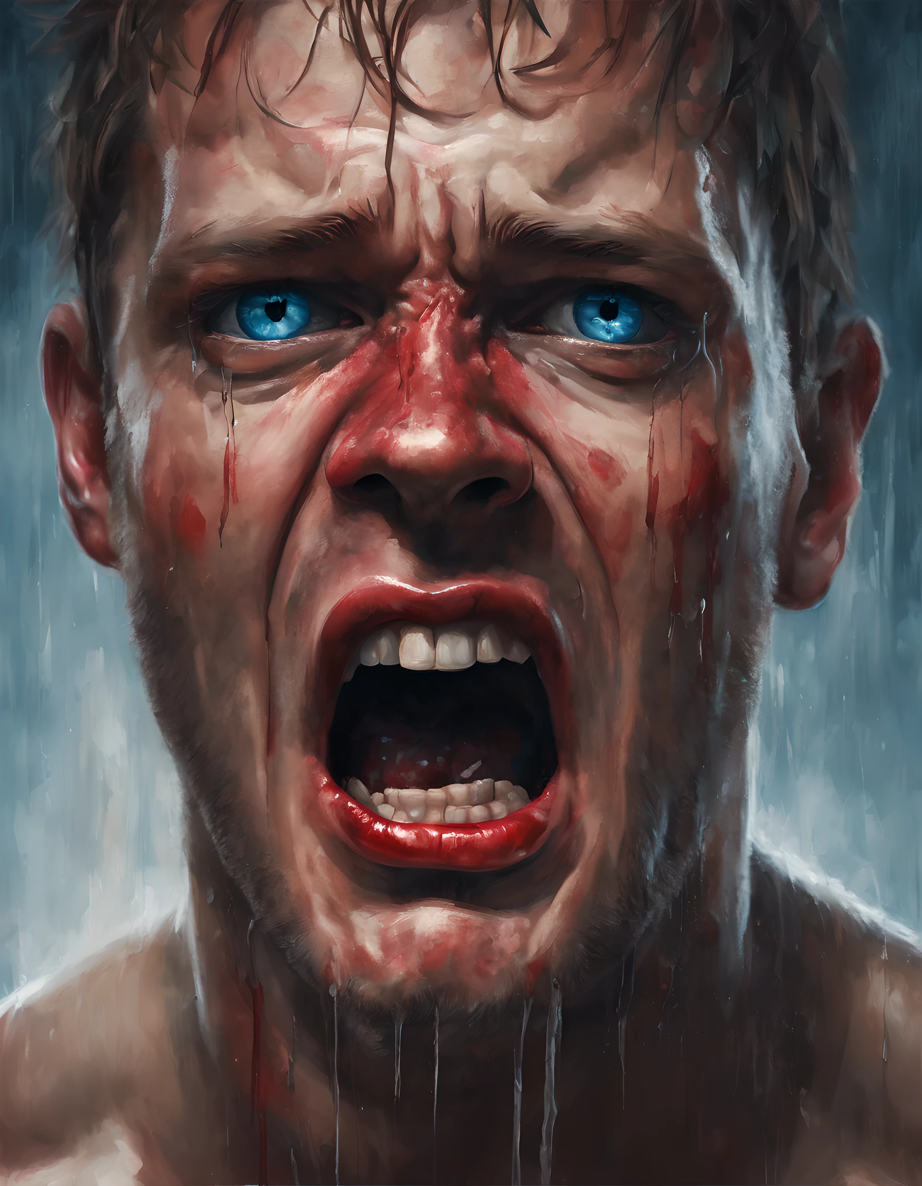 best quality,realistic portrait,red-skinned man with blue teary eyes,open mouth screaming,sharp focus,intense emotions,detailed facial features,long lashes,tears streaming down face,unusual skin tone,vivid colors,emotional expression,wet eyes,expression of pain and despair,dramatic lighting.