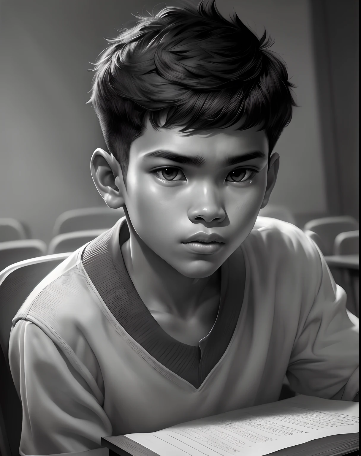 A 15-year-old boy studies in a classroom, Close-up portrait, charcoal portrait, Black and white, Pencil sketch. (Best quality, A high resolution, Ultra-detailed), Studio lighting, Realistic, Vivid colors, Fine details, Dramatic lighting, Contrast.