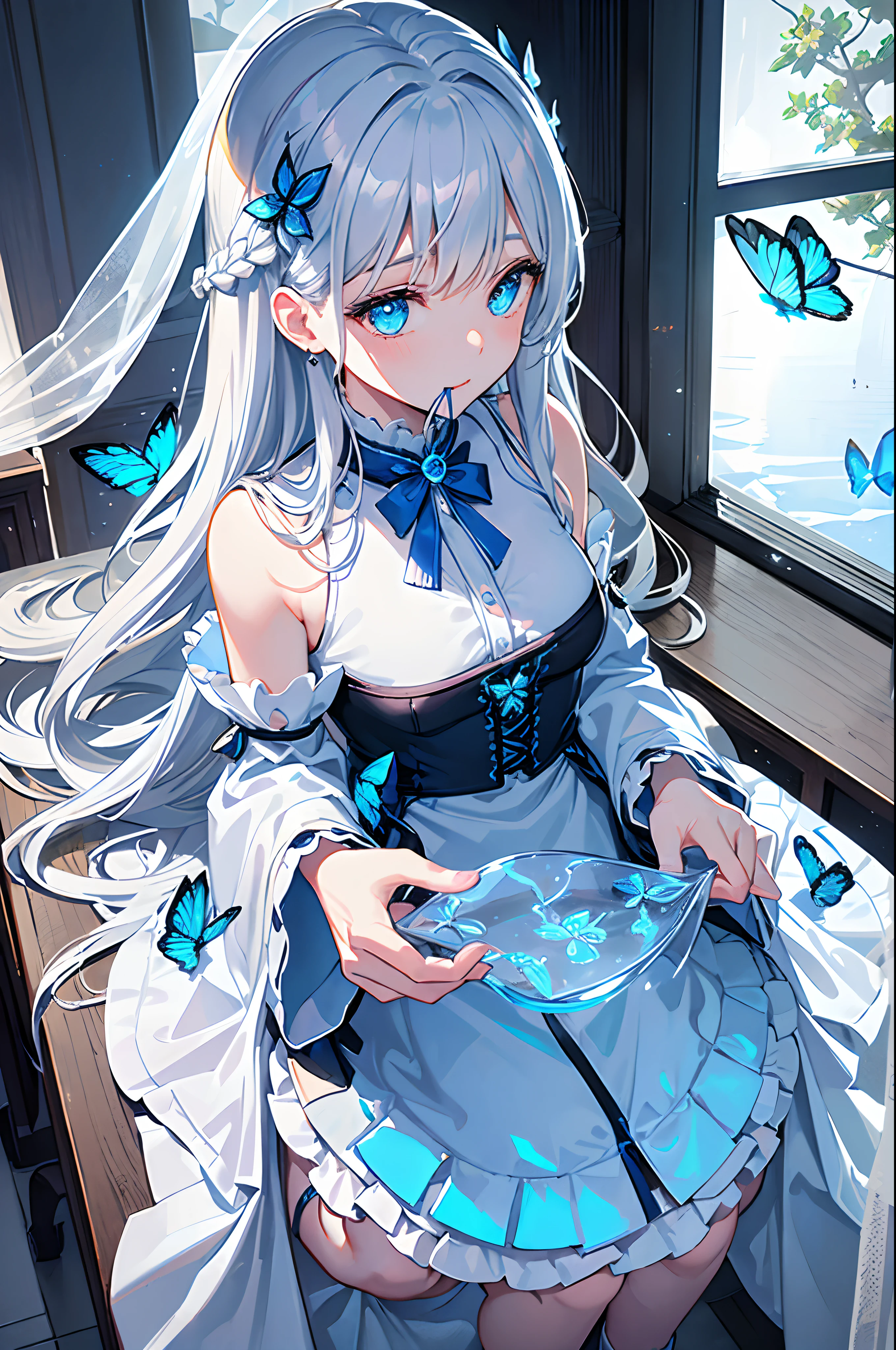 Overhead Views),Dynamic Angle,Ultra Detail, Illustration, Close Up, Straight, One Girl, (Fantasy:1.4), (Azure Eyes:1.233),Her Eyes Glowed Like Dreamy Stars,(Glowing Eyes:1.233),(Beautiful and Delicate Eyes:1.1),(Silver Hair:1.14),(Unkempt Hair,Very Long Hair,Braids,Between Eyes,Side Locks), (+ (Bull Hair Flower: 1.14)),(Chiffon Dress,Blue Floral Pattern on Uniform)/=(Military Uniform: 1.24),(Sleeveless,Wide Sleeve),(Fingerless Gloves),Choker,(Priestess Niso),High Heels,(Expressionless,Mouth Closed),(Stingling),(Classic Princess Boudoir with Dressing Table and French Window in White Ancient Palace),(White Flower,Flower),(Deep Sea),(Flowing Water),(Dull Blue World Tree:1.14), (Ruins),(Night:1.2 ),Dreamy,Soul,(Fluorescence),(Translucent Blue Butterfly Fly:1.15),[[Delicate Fingers and Hands:0.55]::0.85],(Fine Fingers),(Yubao:0.5)