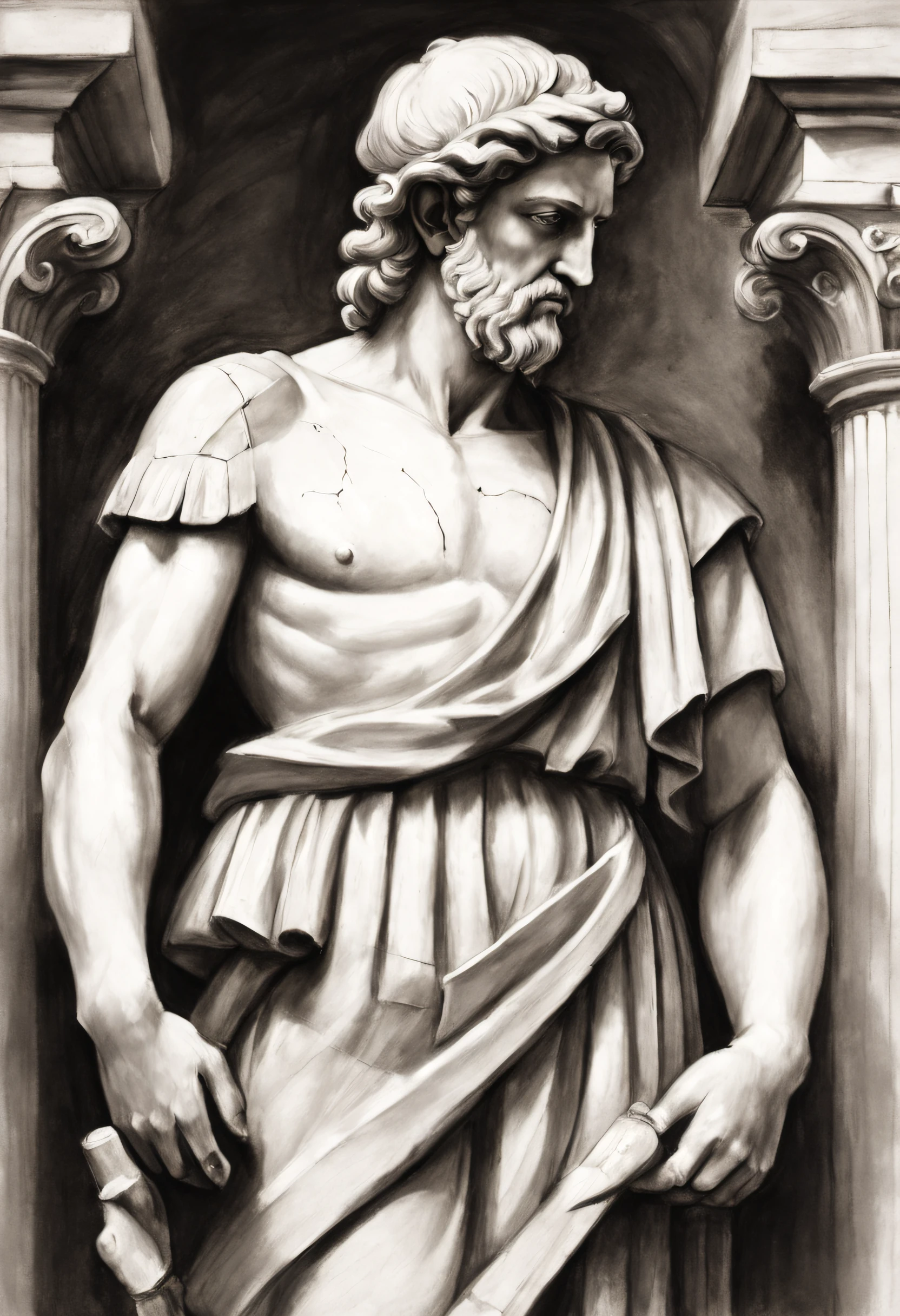 character sketch，Greek statues，Black and white，Charcoal painting，medieval times，Renaissance，Vilas with a broken arm