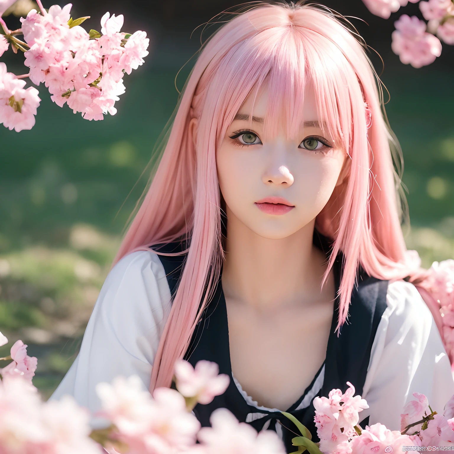 (best quality,4k,highres:1.2),pink-haired girl with green eyes striking a pose, Sakura Haruno, mesmerizing anime girl, Marine Kitagawa fan art, cherry blossom petals around her, splash art anime , anime-style 4k, anime moe art style, high-quality anime art style, detailed anime artwork, anime wallpaper, anime's best girl