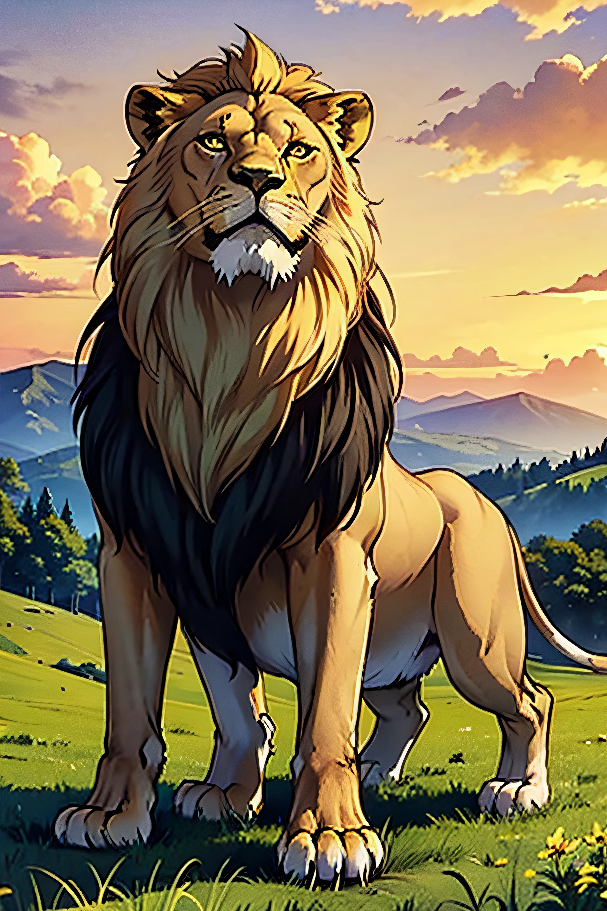 The lion is looking up.., ((1 large lion)), Standing sideways., Yellow sky, Blue Mountain, Green meadows, comic