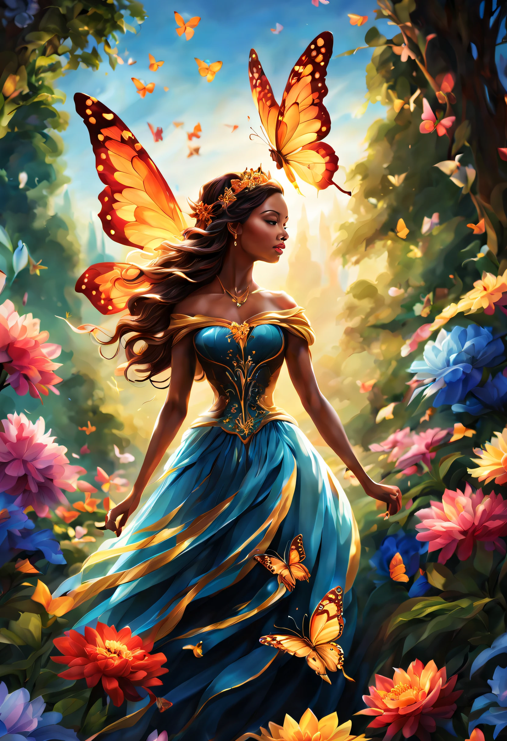 (best quality,4k,8k,highres,masterpiece:1.2),ultra-detailed,
beautiful queen,long, vibrant, colorful wings,butterflies, majestic,
royal, regal, elegant, detailed patterns, delicate, ethereal,
iridescent, shimmering, graceful, enchanting, fluttering, floating,
luminous, mythical, fantasy, magical, enchantment, surreal,
lush, blooming, vibrant garden, sun-kissed, sunlit, soft, dreamlike,
golden rays of light, glowing, radiant, glowing flowers,
harmonious, peaceful, tranquil, serene, mesmerizing, captivating.