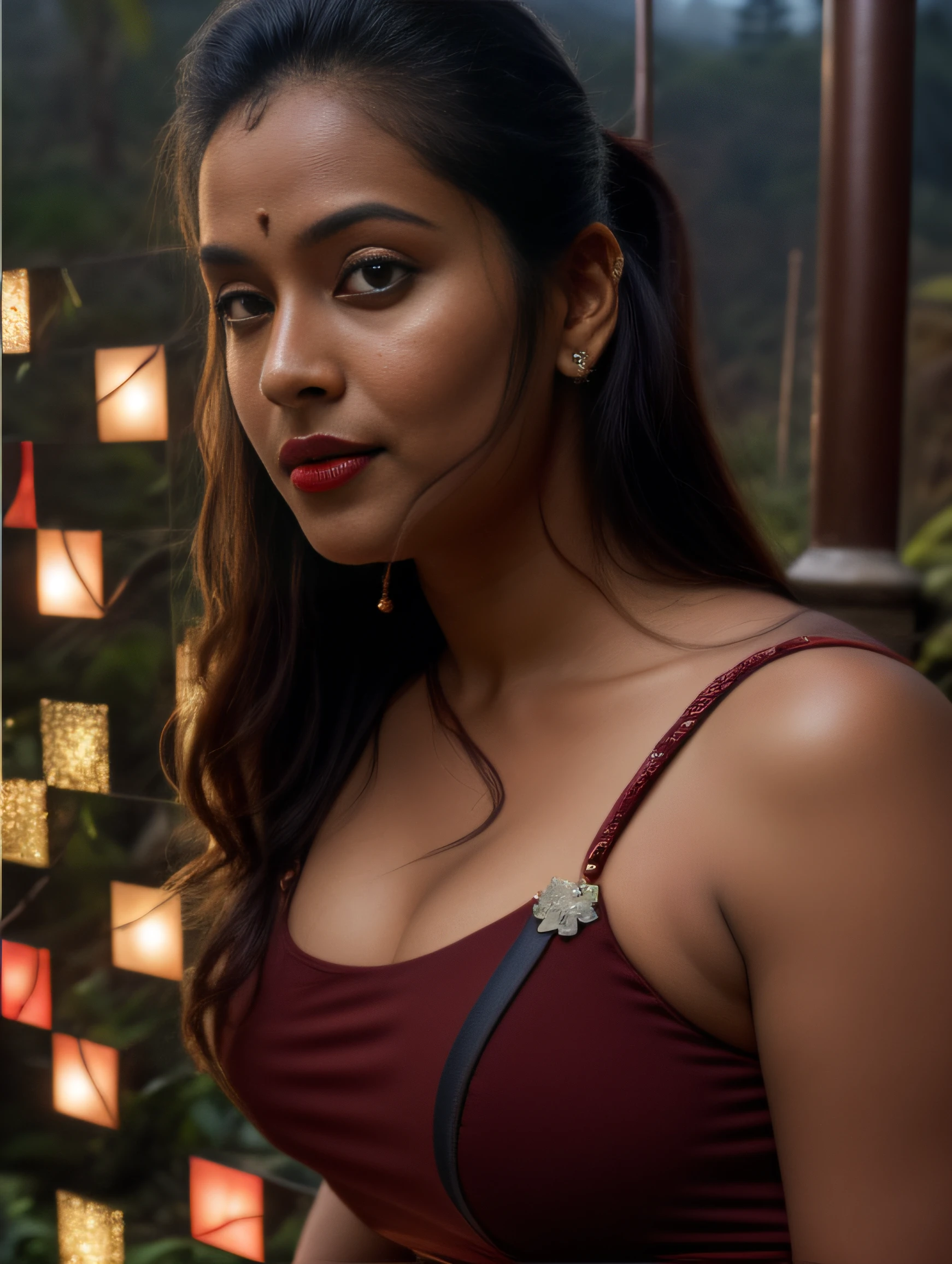 day scene, extreme close up photo of seductive indian model from top view wearing semi red top, big cheeks, red Hollywood lips, squatting near shrub in a garden, hourglass figure, armpits, (blue eyes:1), ponytail, necklace, 30 yo, look at viewer and smile,forest background (cinematic:1.3), intricate details, (ArtStation:1.2)