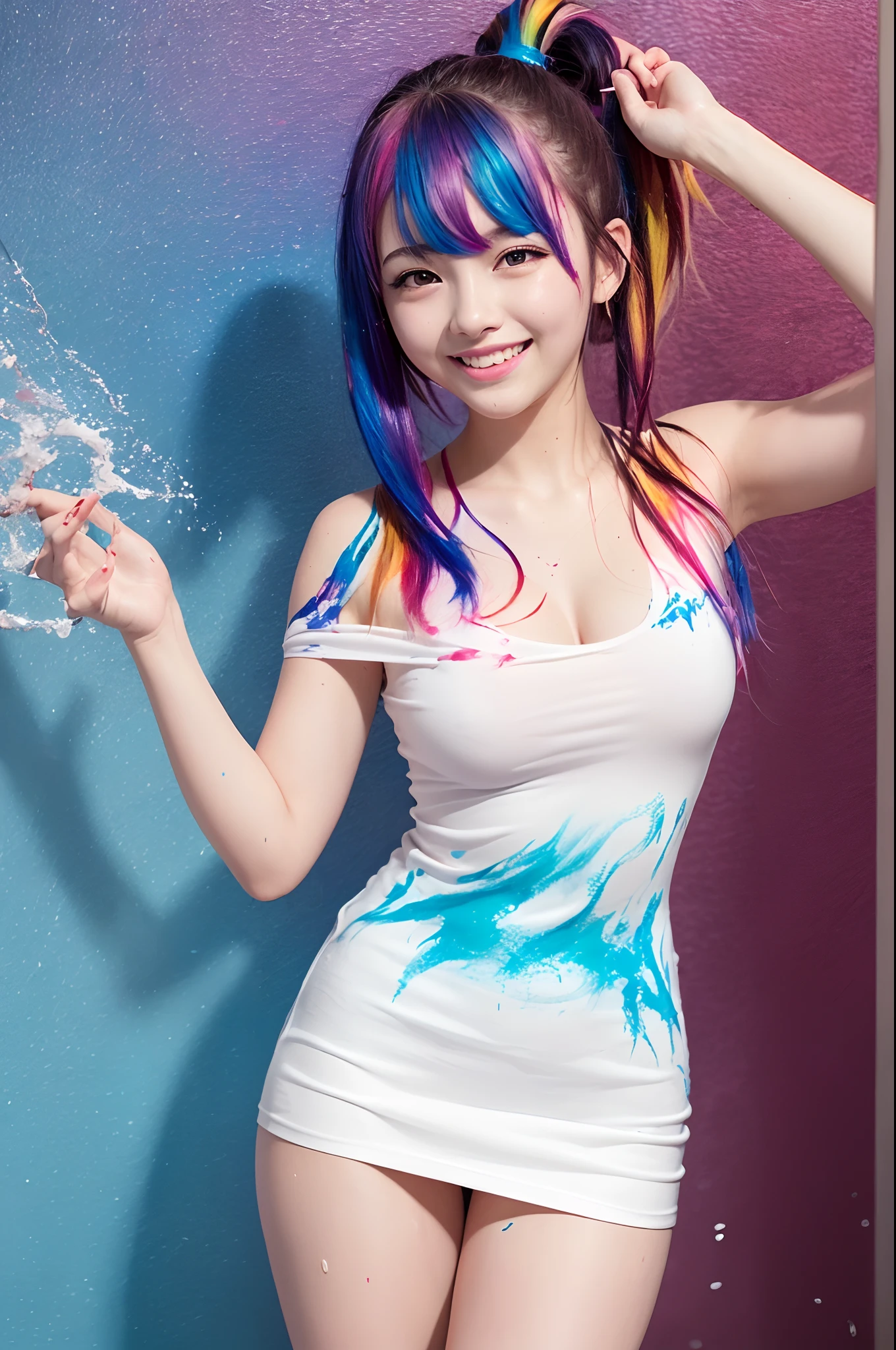 (solid background with vivid colored acrylic paint splashes:1.3), 16yo girl, (hair dyed with multiple colors:1.4), (ponytail hair), (slender body), (white off-shoulder fashion T-shirt, leather mini skirt), (), (Highest Image Quality, Masterpiece), (lovely smile, excited), (sometimes hold a cat in her arms:0.6), dynamic pose