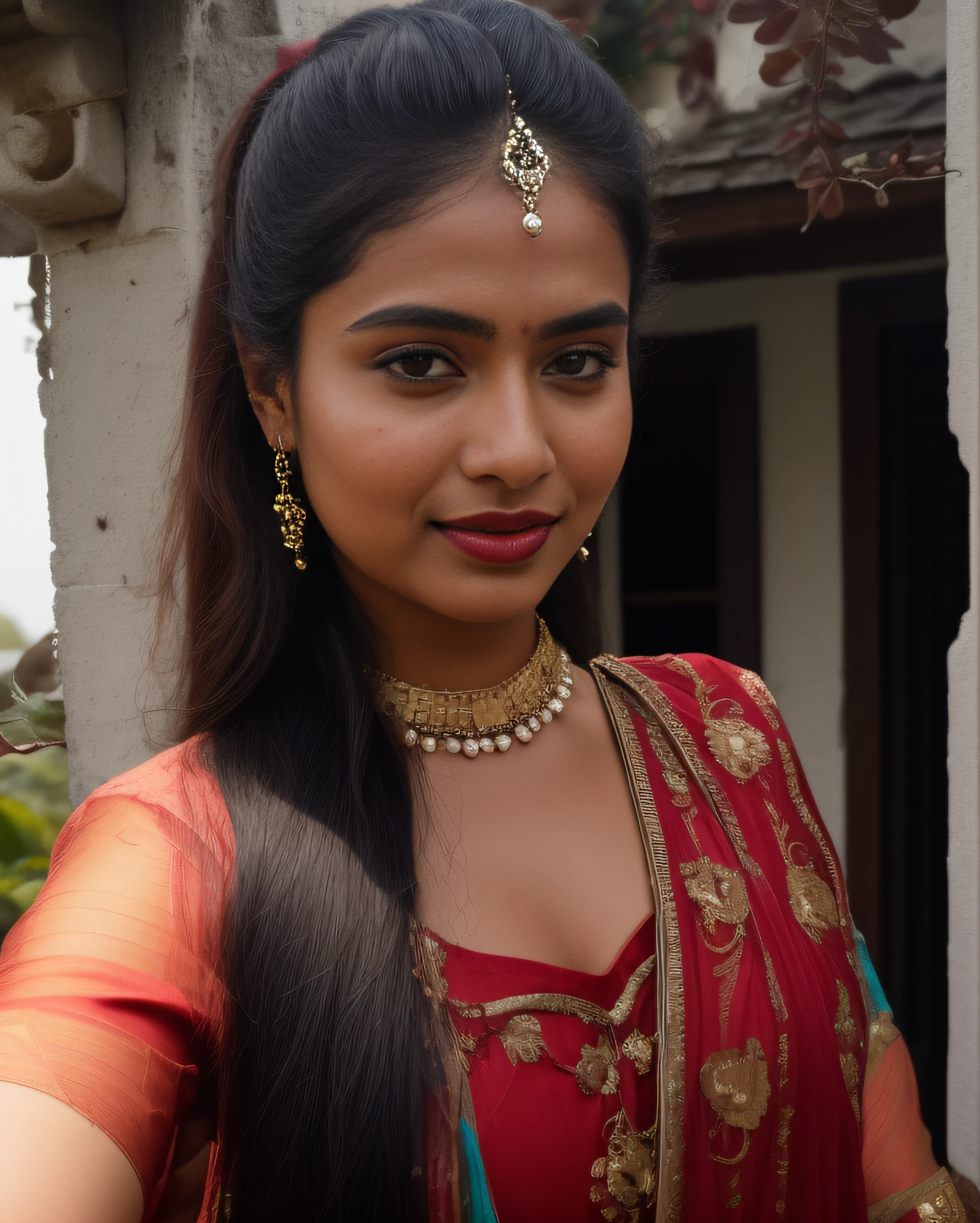 day scene, extreme close up photo of seductive indian model from top view wearing semi red top, big cheeks, red Hollywood lips, squatting near shrub in a garden, hourglass figure, armpits, (blue eyes:1), ponytail, necklace, 30 yo, look at viewer and smile, (cinematic:1.3), intricate details, (ArtStation:1.2)