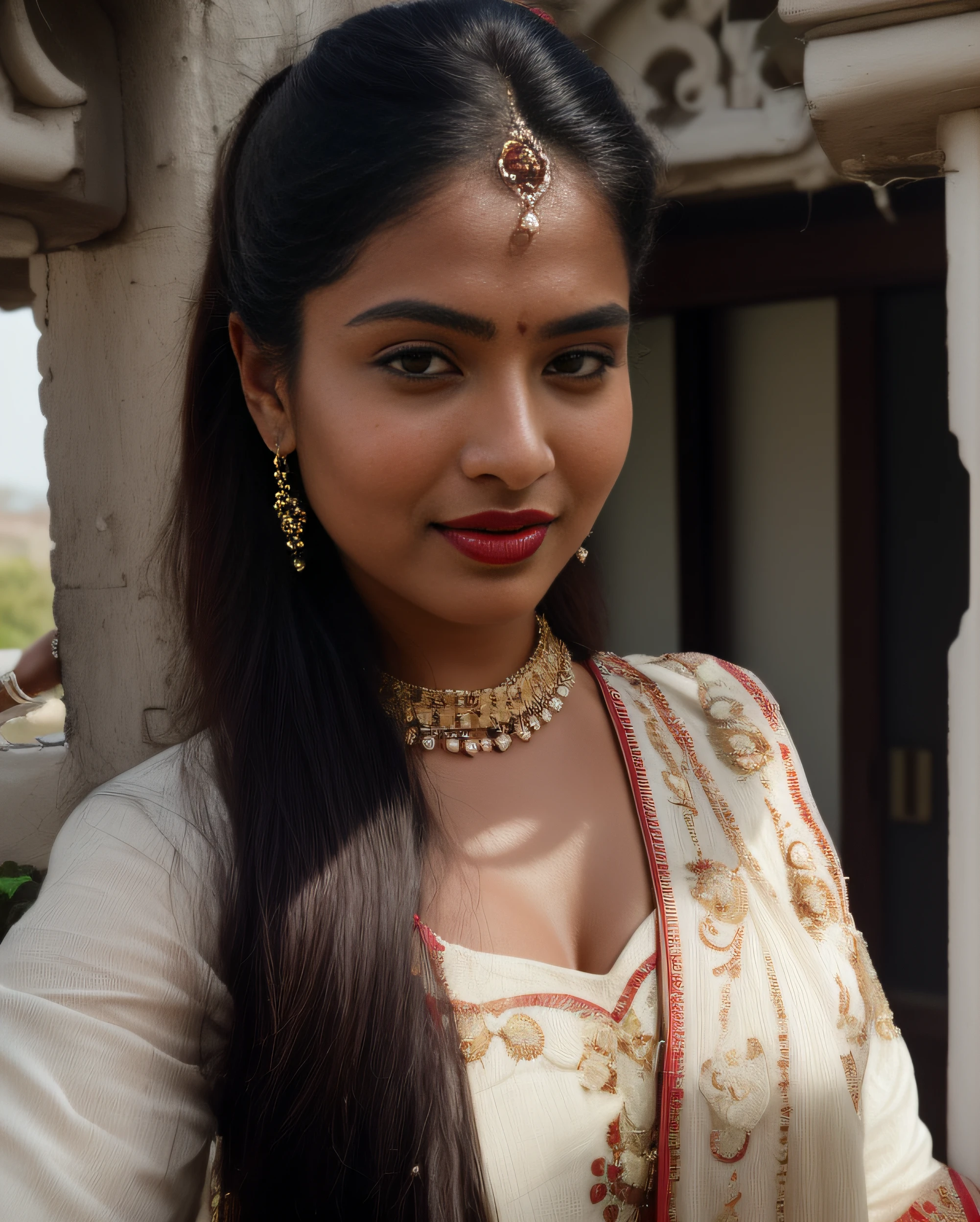 day scene, extreme close up photo of seductive indian model from top view wearing semi red top, big cheeks, red Hollywood lips, squatting near shrub in a garden, hourglass figure, armpits, (blue eyes:1), ponytail, necklace, 30 yo, look at viewer and smile, (cinematic:1.3), intricate details, (ArtStation:1.2)