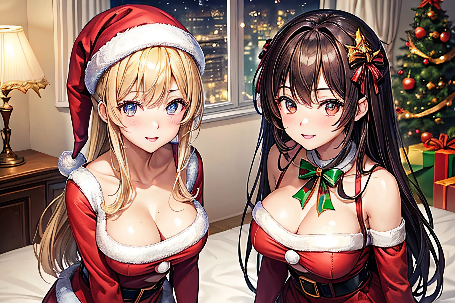 ((worst quality, low-quality)), Super delicate, masterpiece,Composition of the upper body, standingn, 2 girls in, (Big breasts), ((chest opened, santa costume:1.2)), (breasts to breasts), plump shiny lips, beautidful eyes, Mischievous smile, Spoken Heart, Leaning forward, embarrassed, (Christmas Decorations, Bedrooms), (The glitter of illumination:1.2), masutepiece,Best Quality,ultra-detailliert,masterpiece,