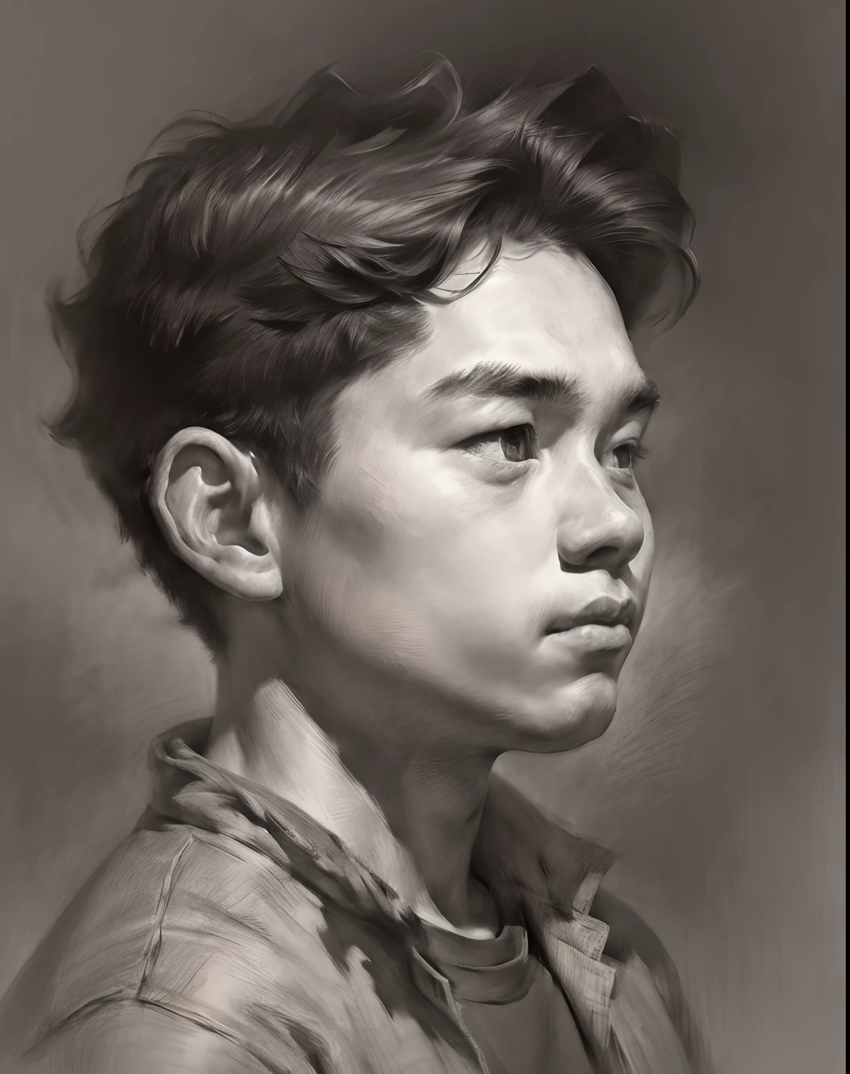 (A high resolution,Best quality,Realistic),Boys learn in the classroom，15year old，pondering，(Portrait,Character) 's (shoun:1.1),(Side view:1.1),Portrait in (Classic charcoal style:1.2) with (Fine, detailedshadows:1.1),The image is (Exceptional quality:1.2), with (清晰's线条:1.1) and (Subtle tones:1.1) Create an (true to life:1.37) . the lighting is subdued， (Natural:1.1), Emphasize the contours of his face，adding depth to the overall composition.This artwork captures the beauty and grace of teenagers,