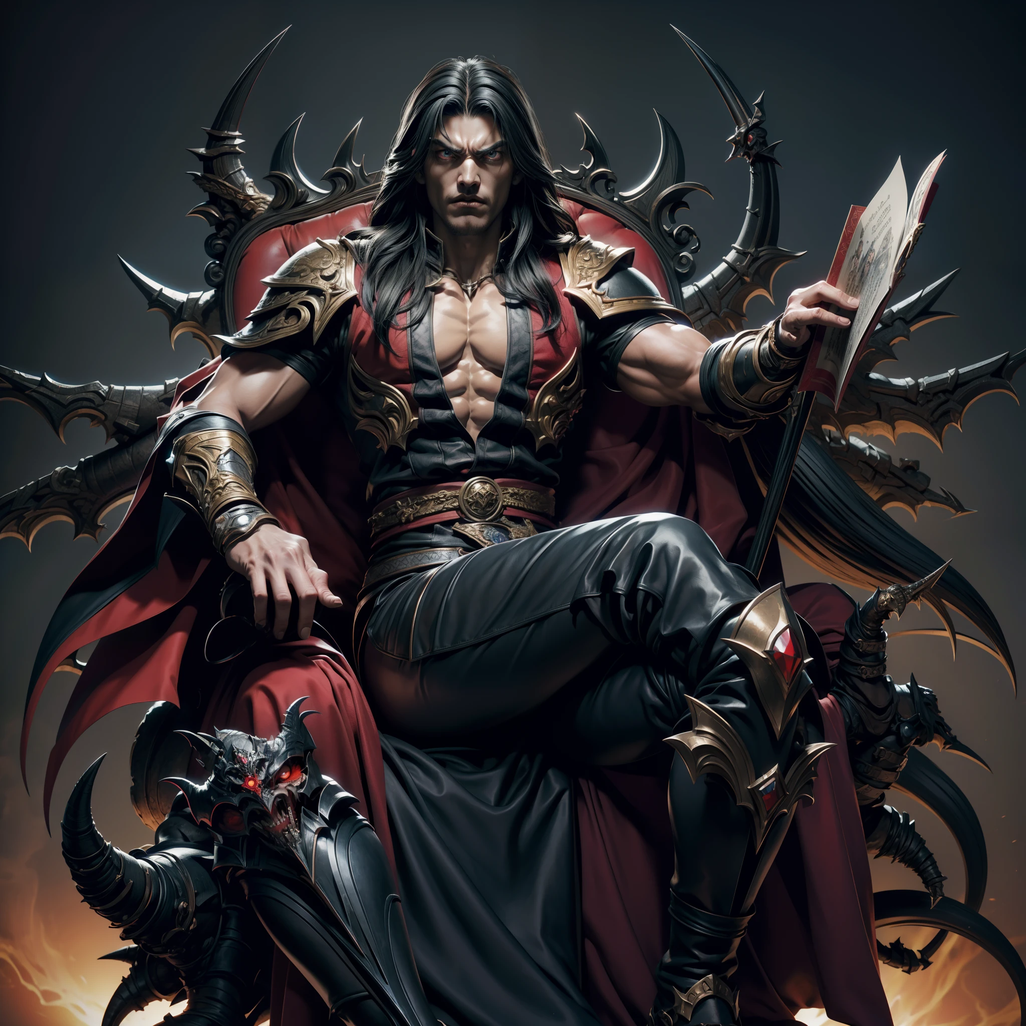 Hokuto no ken Castlevania Muscular Shadow Lord, hyper realistic, super detailed, Scary lord Dracula sitting in his legendary great throne demons next to him scene reading large scrolls with an angry red expression, yeux brillants, hyper realistic face, Super Detailed Portrait