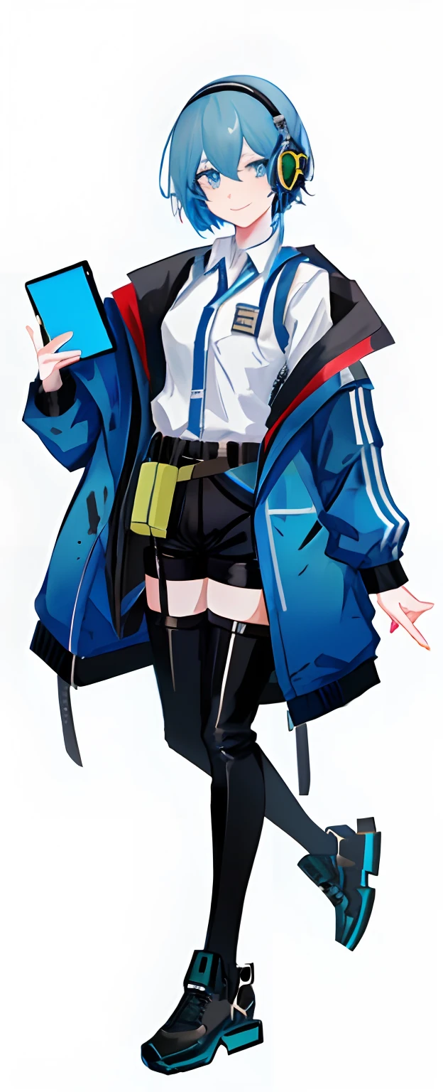 anime girl with headphones and a jacket walking with a backpack, girls frontline style, from girls frontline, kantai collection style, fine details. girls frontline, blue uniform, jk uniform, tall anime guy with blue eyes, detective clothes, made with anime painter studio, style anime, 2 d anime style, detailed anime character art, expert high detail concept art, anime vtuber design, blue, fullbody, girls, belt, smile, simple clothes, office, teen, blue hair, gijinka, tablet,headphone, mic, shirt, long jacket, shorthair, thigh pouch, thigh high, pant, hairpin, shoes, t pose, design sheet, hair clip, short pant, unique, friendly, cute, headset microphone, white shirt blue strip, design sheet