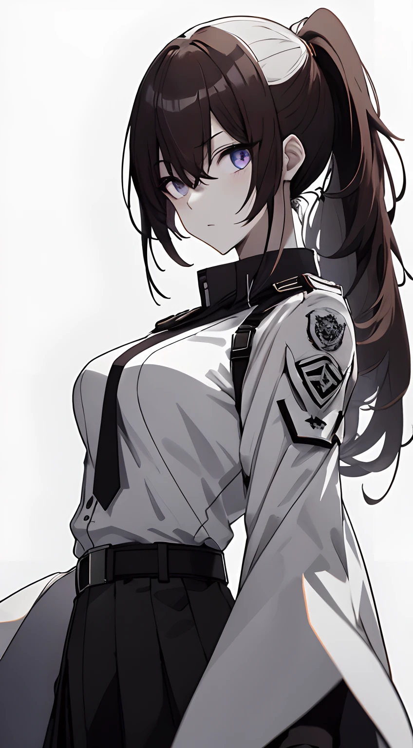 Full body, White one-piece military uniform, Jet black head of hair,(masutepiece:1.2, Best Quality), (finely detailed beautiful eye: 1.2), (beautifull detailed face), High contrast, (Best Illumination, extremely delicate and beautiful), ((Cinematic Light)), Dramatic light, Intricate details,Blue-violet eyes, Shining eyes, breasts of average size、Belt under the chest、White military uniform, White skirt,dark brown  hair, Black tie,Embarrassed look,  (Pale white background:1.5), blushing a little, Long ponytail fluttering in the wind,Very long ponytail