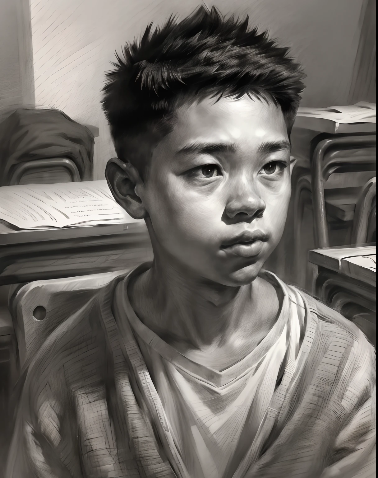 A 15-year-old boy studying in a classroom, close-up portrait, charcoal portrait, black and white, pencil sketch. (best quality, highres, ultra-detailed), studio lighting, realistic, vivid colors, fine details, dramatic lighting, contrast.