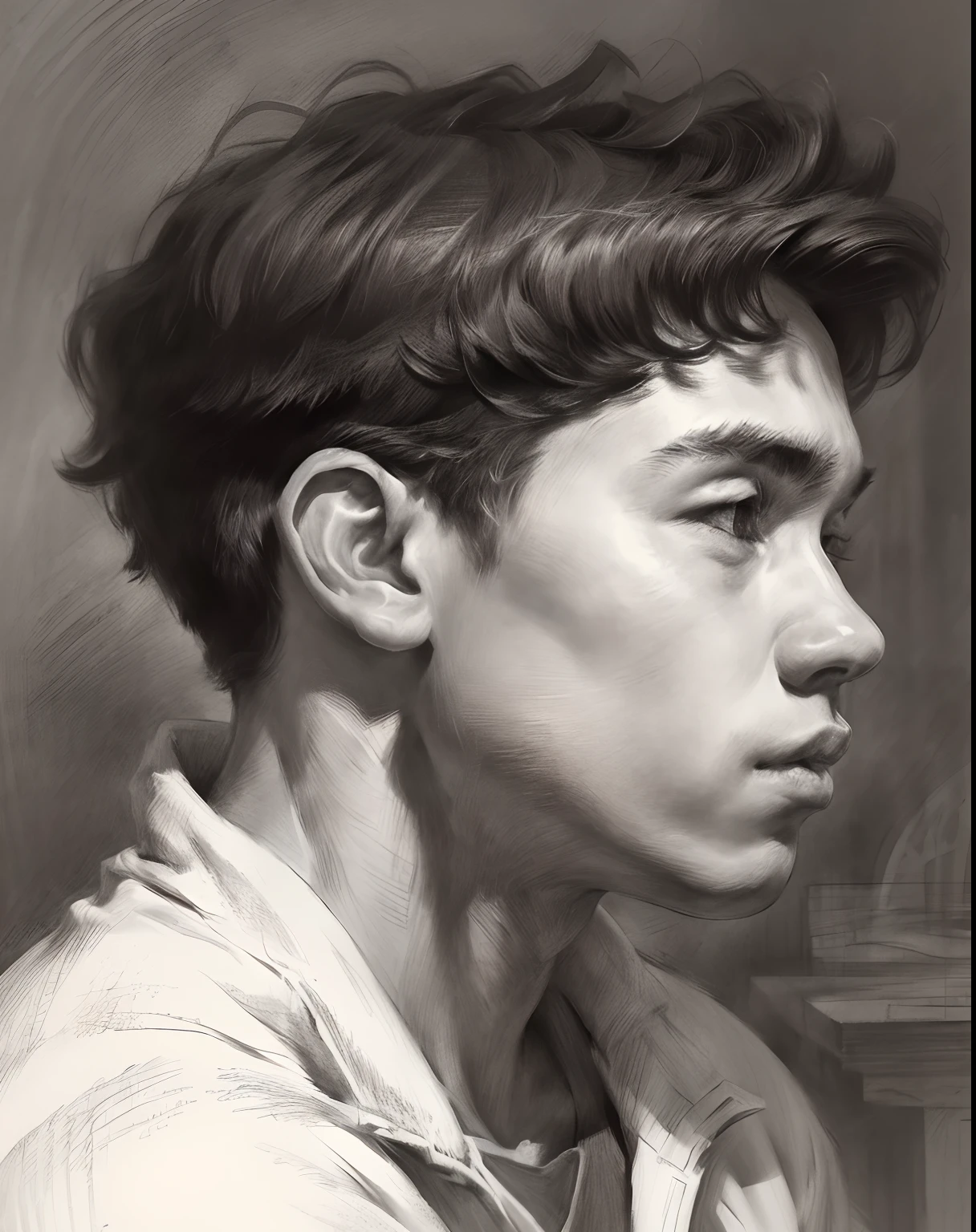 (A high resolution,Best quality,Realistic),Boy studying in classroom，ar old，(Portrait,Character) 's (shoun:1.1),(Side view:1.1),Portrait in (Classic charcoal style:1.2) with (Fine, detailedshadows:1.1),The image is (Exceptional quality:1.2), with (清晰's线条:1.1) and (Subtle tones:1.1) Create an (true to life:1.37) . the lighting is subdued， (Natural:1.1), Emphasize the contours of his face，adding depth to the overall composition.This artwork captures the beauty and grace of teenagers,