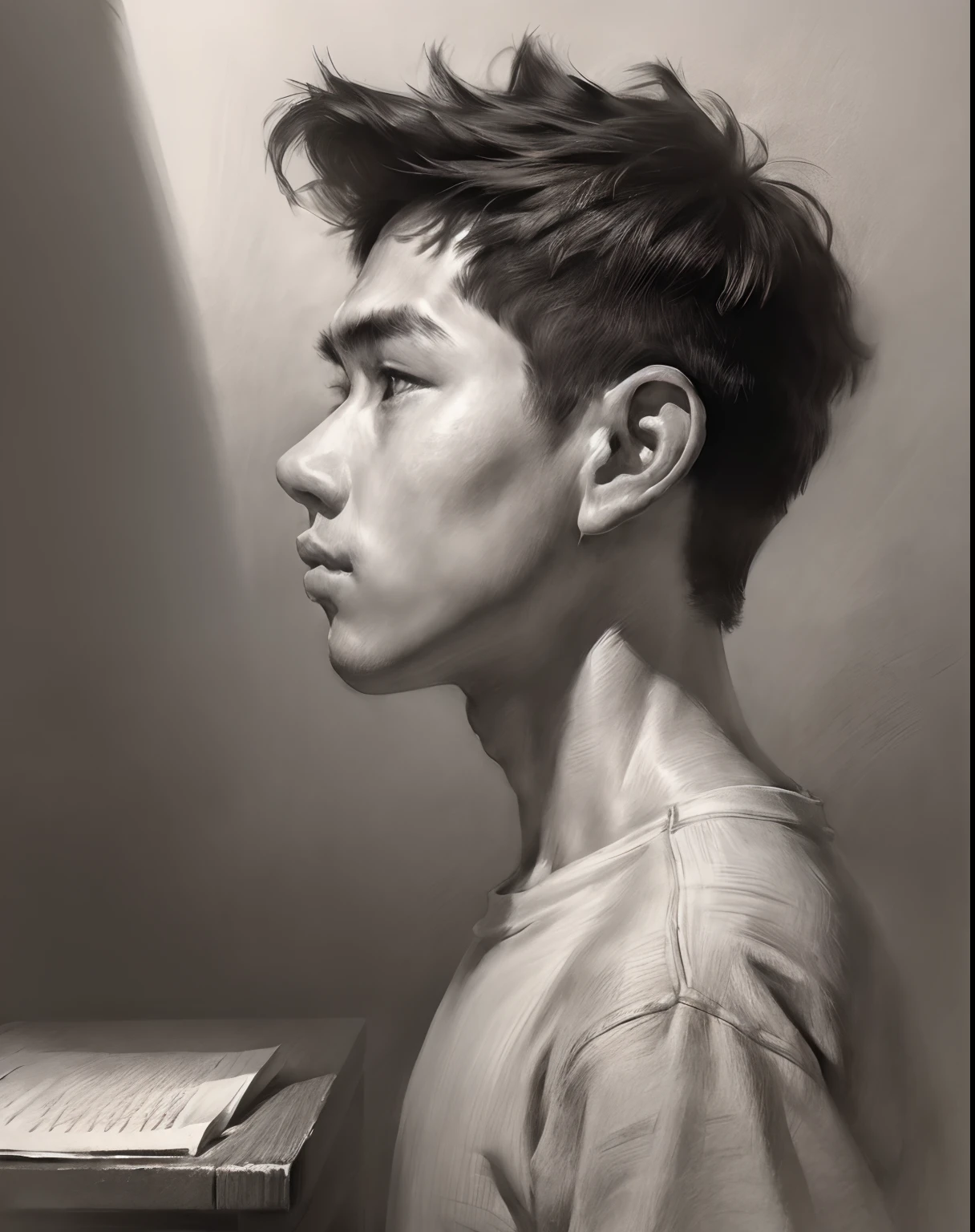 (A high resolution,Best quality,Realistic),Boy studying in classroom，15year old，(Portrait,Character) 's (shoun:1.1),(Side view:1.1),Portrait in (Classic charcoal style:1.2) with (Fine, detailedshadows:1.1),The image is (Exceptional quality:1.2), with (清晰's线条:1.1) and (Subtle tones:1.1) Create an (true to life:1.37) . the lighting is subdued， (Natural:1.1), Emphasize the contours of his face，adding depth to the overall composition.This artwork captures the beauty and grace of teenagers,