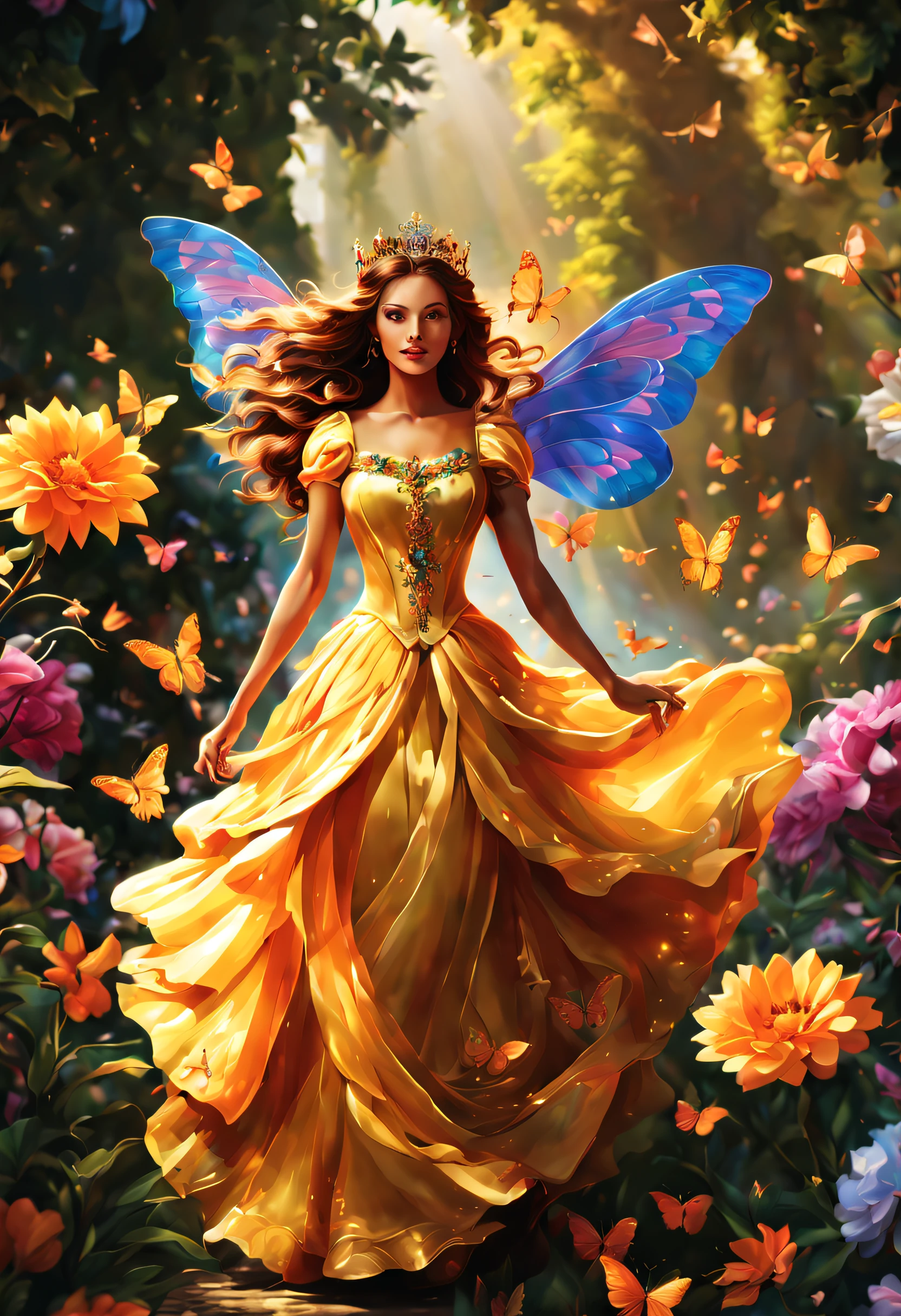 (best quality,4k,8k,highres,masterpiece:1.2),ultra-detailed,
beautiful queen,long, vibrant, colorful wings,butterflies, majestic,
royal, regal, elegant, detailed patterns, delicate, ethereal,
iridescent, shimmering, graceful, enchanting, fluttering, floating,
luminous, mythical, fantasy, magical, enchantment, surreal,
lush, blooming, vibrant garden, sun-kissed, sunlit, soft, dreamlike,
golden rays of light, glowing, radiant, glowing flowers,
harmonious, peaceful, tranquil, serene, mesmerizing, captivating.