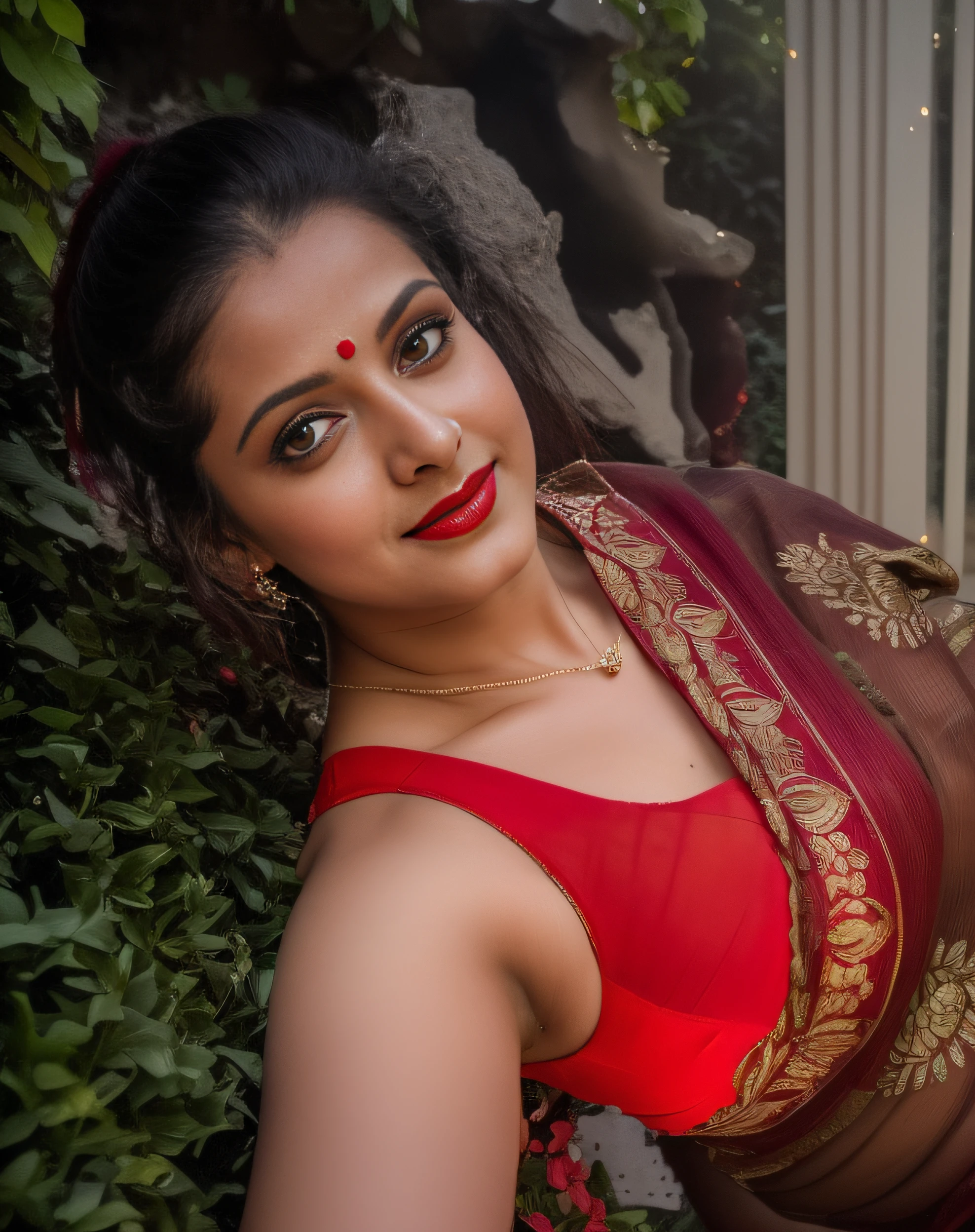 day scene, extreme close up photo of seductive vedhika from top view wearing sari and semi red top, big cheeks, red Hollywood lips, squatting near shrub in a garden, hourglass figure, armpits, (blue eyes:1), ponytail, necklace, 30 yo, look at viewer and smile, (cinematic:1.3), intricate details, (ArtStation:1.2)