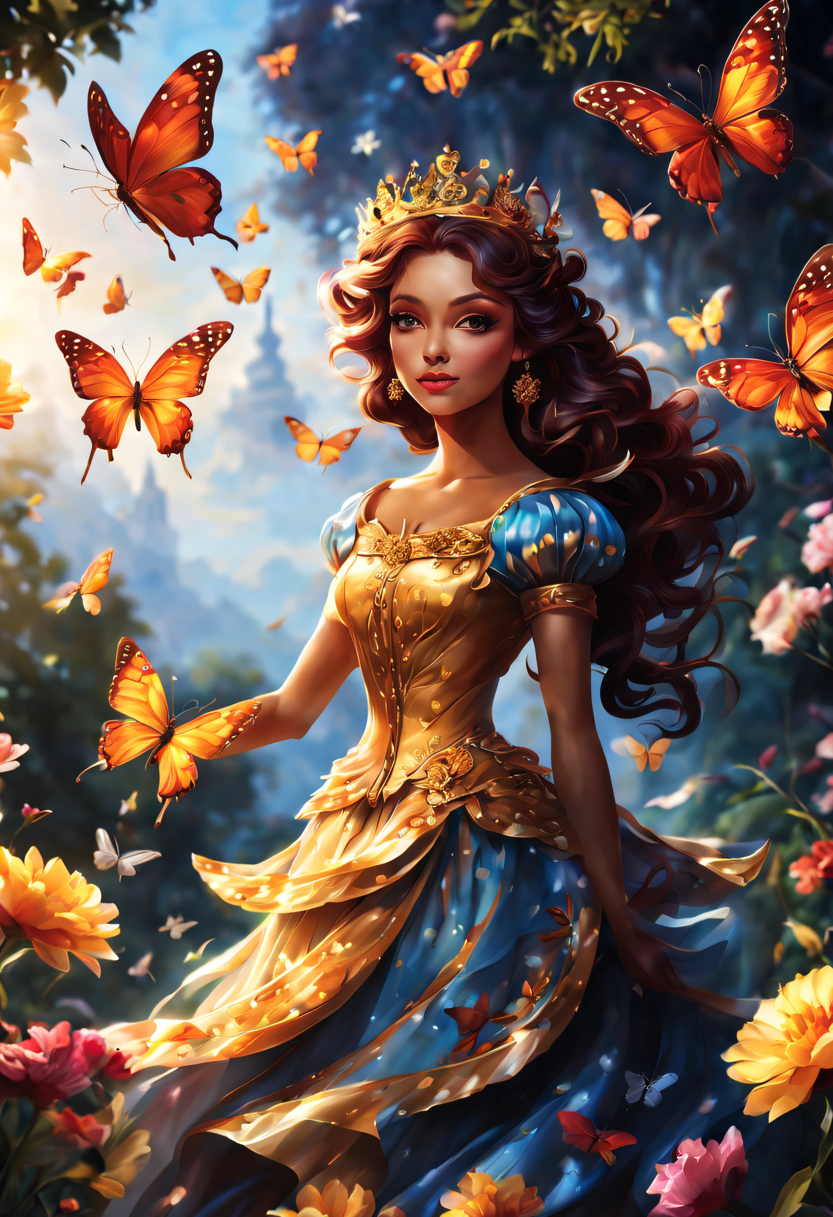 (best quality,4k,8k,highres,masterpiece:1.2),ultra-detailed,
beautiful queen,long, vibrant, colorful wings,butterflies, majestic,
royal, regal, elegant, detailed patterns, delicate, ethereal,
iridescent, shimmering, graceful, enchanting, fluttering, floating,
luminous, mythical, fantasy, magical, enchantment, surreal,
lush, blooming, vibrant garden, sun-kissed, sunlit, soft, dreamlike,
golden rays of light, glowing, radiant, glowing flowers,
harmonious, peaceful, tranquil, serene, mesmerizing, captivating.