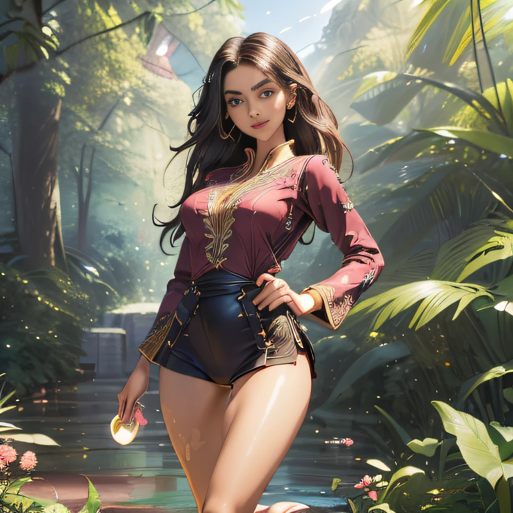 masterpiece, best quality, extremely detailed, hyperrealistic:1.1, photorealistic, a beautiful 20s russian model, ultra detailed face:1.1, sunglasses on head:1.1, navy crop top, collared jacket:1.1, pink long sarong:1.1, black hair, from side, luminous forest, mystical, powder light, sitting, smiling, eye closed