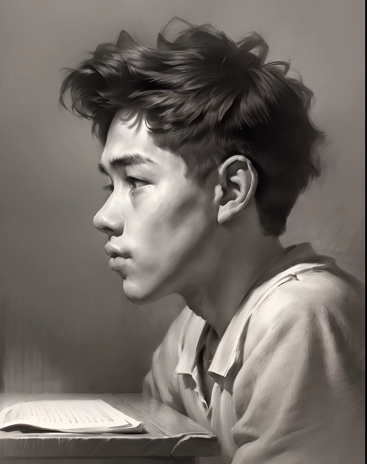 (A high resolution,Best quality,Realistic),Boy studying in classroom，15year old，(Portrait,Character) 's (shoun:1.1),(Side view:1.1),Portrait in (Classic charcoal style:1.2) with (Fine, detailedshadows:1.1),The image is (Exceptional quality:1.2), with (清晰's线条:1.1) and (Subtle tones:1.1) Create an (true to life:1.37) . the lighting is subdued， (Natural:1.1), Emphasize the contours of his face，adding depth to the overall composition.This artwork captures the beauty and grace of teenagers,