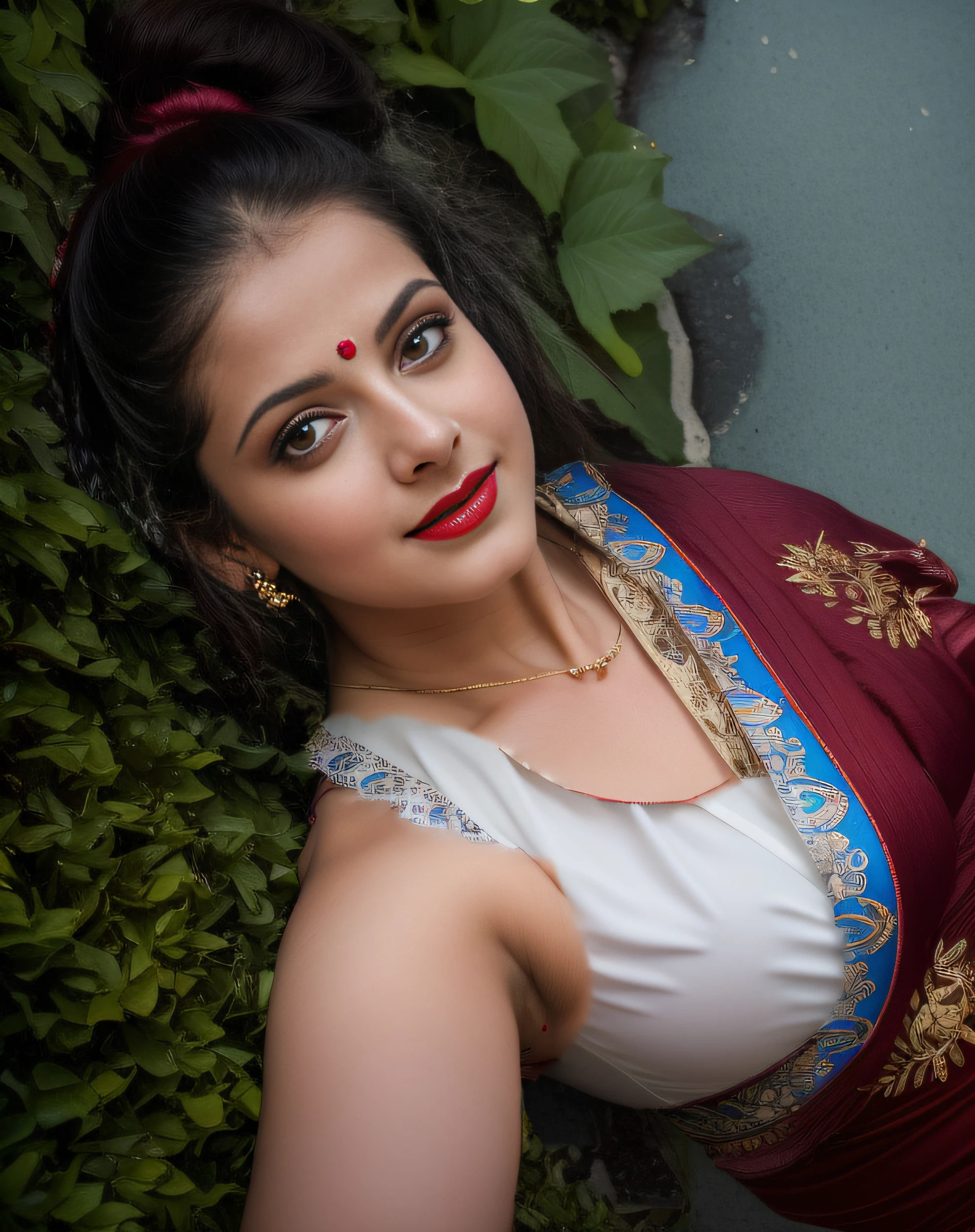 day scene, extreme close up photo of seductive vedhika from top view, big cheeks, red Hollywood lips, , squatting near shrub in a garden, hourglass figure, armpits, (blue eyes:1), ponytail, necklace, 30 yo, look at viewer and smile, (cinematic:1.3), intricate details, (ArtStation:1.2)