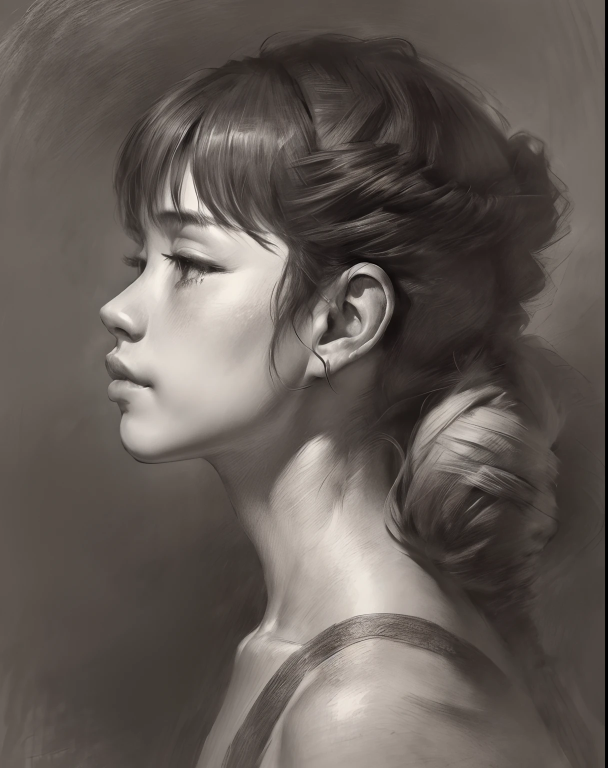 (A high resolution,Best quality,Realistic),(Portrait,Character) 's (shoun:1.1),(Side view:1.1),Portrait in (Classic charcoal style:1.2) with (Fine, detailedshadows:1.1),The image is (Exceptional quality:1.2), with (清晰's线条:1.1) and (Subtle tones:1.1) Create an (true to life:1.37) . the lighting is subdued， (Natural:1.1), Emphasize the contours of his face，adding depth to the overall composition.This artwork captures the beauty and elegance of a teenager,