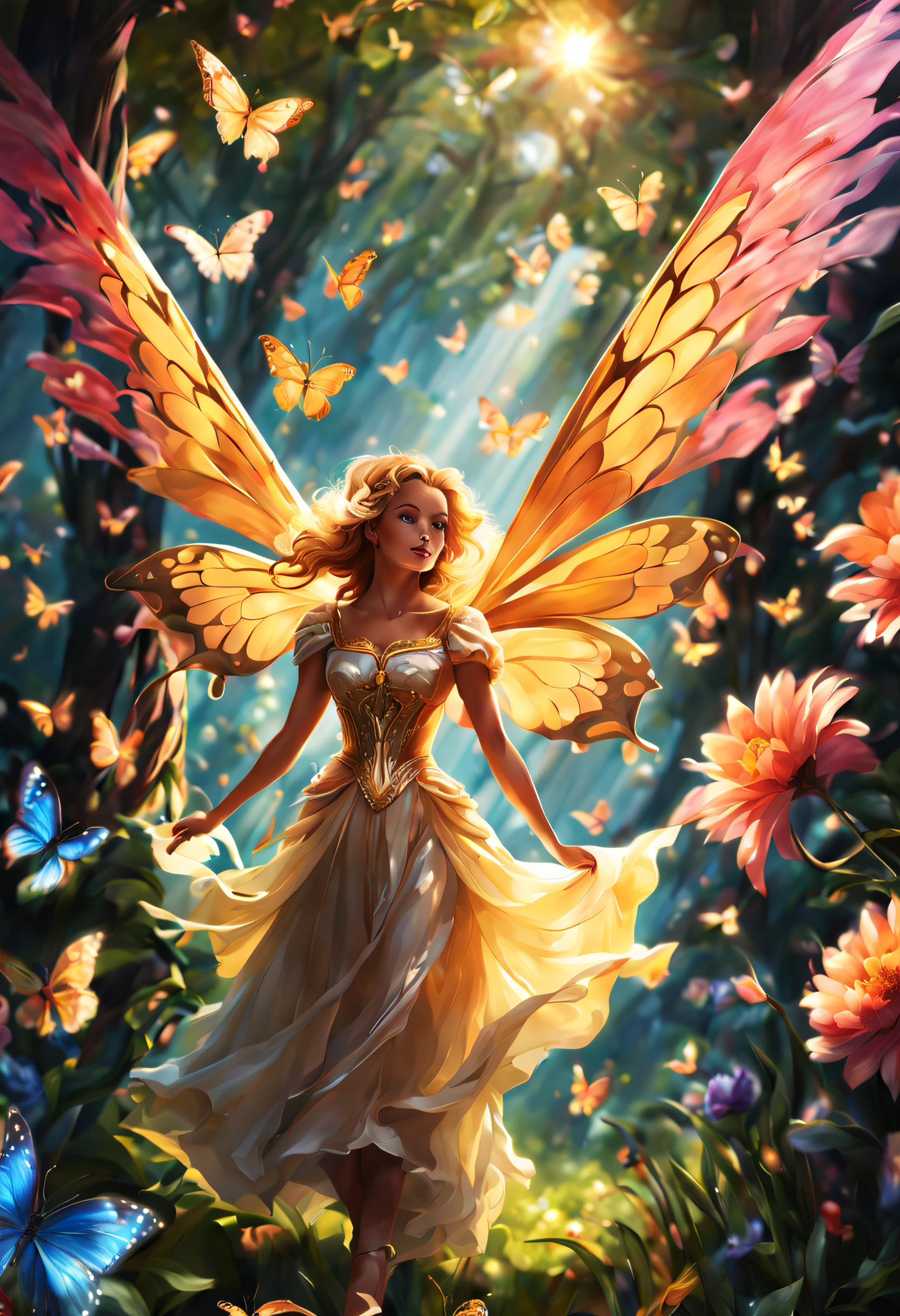 (best quality,4k,8k,highres,masterpiece:1.2),ultra-detailed,
beautiful queen,long, vibrant, colorful wings,butterflies, majestic,
royal, regal, elegant, detailed patterns, delicate, ethereal,
iridescent, shimmering, graceful, enchanting, fluttering, floating,
luminous, mythical, fantasy, magical, enchantment, surreal,
lush, blooming, vibrant garden, sun-kissed, sunlit, soft, dreamlike,
golden rays of light, glowing, radiant, glowing flowers,
harmonious, peaceful, tranquil, serene, mesmerizing, captivating.