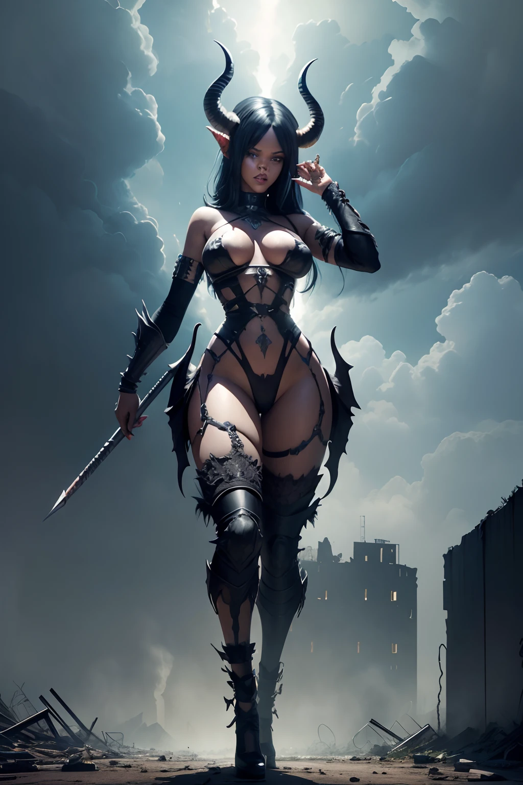 Rihanna as a giant 50-meter-tall Titan, She has two demon horns on her head and demon wings on her back, ultra puissante, ville en ruine post-apocalyptique