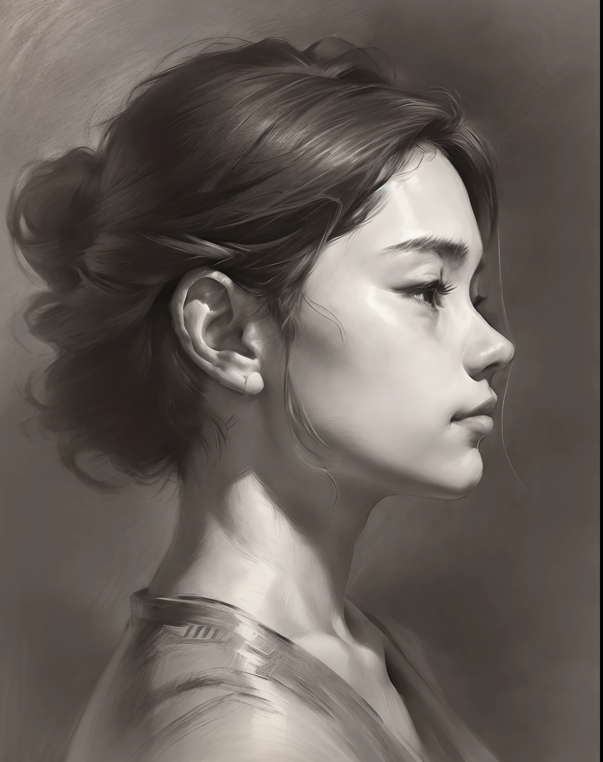 (A high resolution,Best quality,Realistic),(Portrait,Character) 's (shoun:1.1),(Side view:1.1),Portrait in (Classic charcoal style:1.2) with (Fine, detailedshadows:1.1),The image is (Exceptional quality:1.2), with (清晰's线条:1.1) and (Subtle tones:1.1) Create an (true to life:1.37) . the lighting is subdued， (Natural:1.1), Emphasize the contours of his face，adding depth to the overall composition.This artwork captures the beauty and elegance of a teenager,