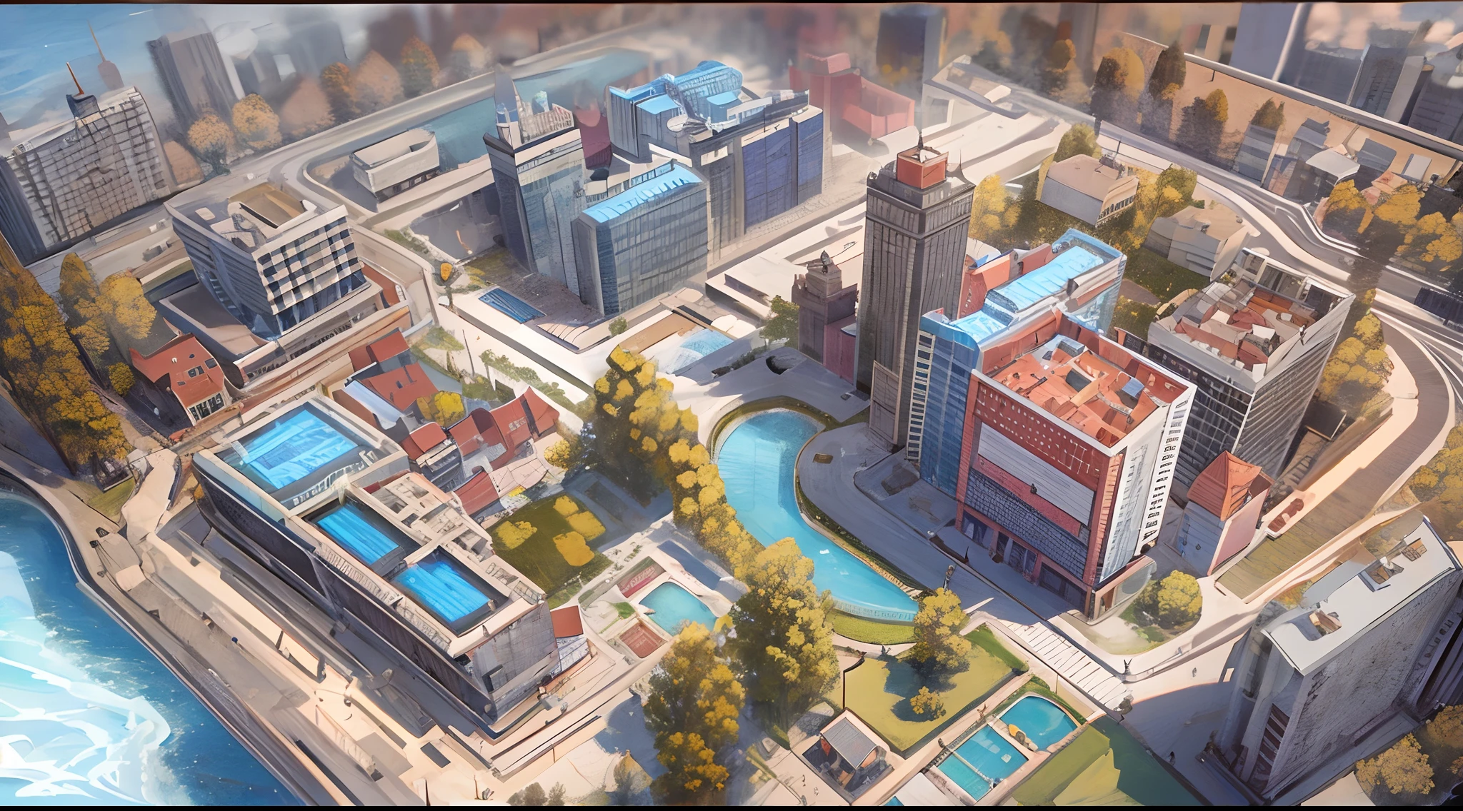 game map, 3rd person view, City map, with appartment, with buildings, with school, high quality, next sea