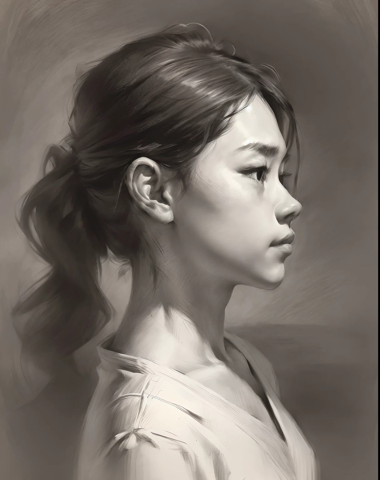 (A high resolution,Best quality,Realistic),(Portrait,Character) 's (shoun:1.1),(Side view:1.1),Portrait in (Classic charcoal style:1.2) with (Fine, detailedshadows:1.1),The image is (Exceptional quality:1.2), with (清晰's线条:1.1) and (Subtle tones:1.1) Create an (true to life:1.37) . the lighting is subdued， (Natural:1.1), Emphasize the contours of his face，adding depth to the overall composition.This artwork captures the beauty and elegance of a teenager,