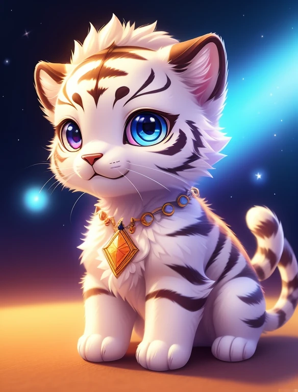 cute tiny hyperrealistic white tiger with different color eyes waring a necklace, Chibi, adorable and fluffy, logo design, cartoon, cinematic lighting effect, charming, 3D vector art, cute and quirky, fantasy art, bokeh, hand-drawn, digital painting, soft lighting, isometric style, 4K resolution, photorealistic rendering, highly detailed clean, vector image, photorealistic masterpiece, professional photography, simple space backdrop, flat white background, isometric, vibrant vector