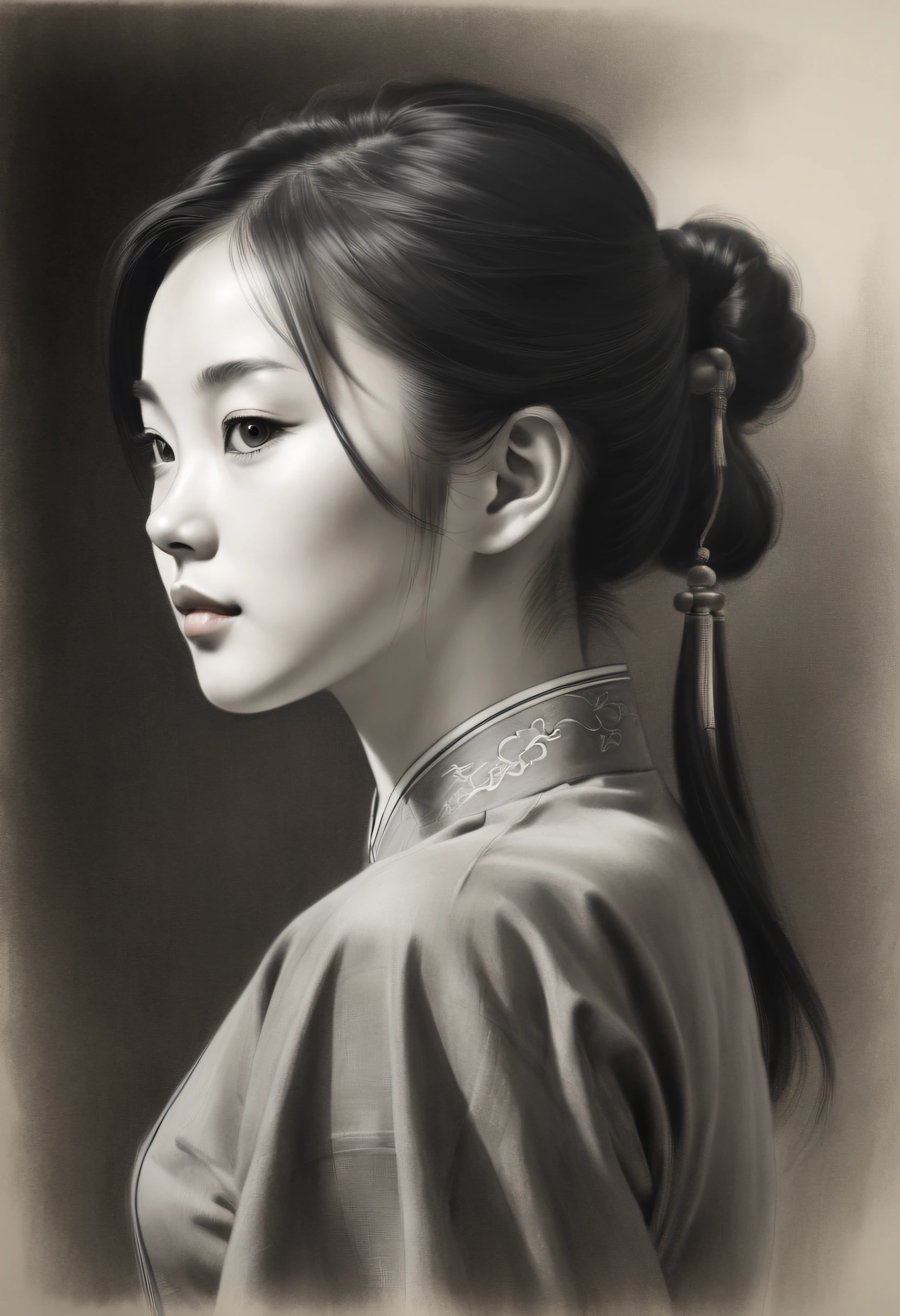 ,(Portrait,Character) 's (Chinese girl:1.1),(Side view:1.1),Portrait in (Classic charcoal style:1.2) with (Fine, detailedshadows:1.1),