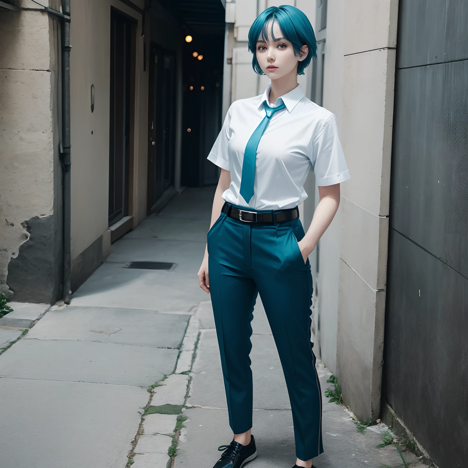 1girl, Short hair, Celeste Blue hair, aqua eyes, pale skin, white shirt, Blue tie, brown pants, black belt, black footwear, full body, Standing