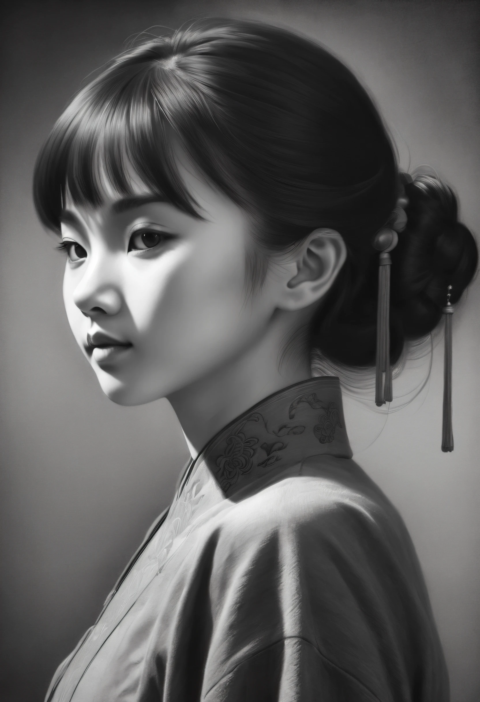 ,(Portrait,Character) 's (Chinese girl:1.1),(Side view:1.1),Portrait in (Classic charcoal style:1.2) with (Fine, detailedshadows:1.1),