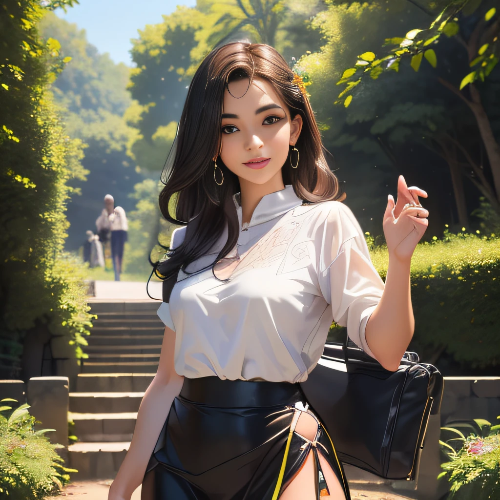 sfw, (Extremely detailed 8k wallpaper:2), (photo:2), (soigne Beautiful girl:2), (gives a lecture to friends:2), detailed (Face and eyes), (hyper realistic:1), (highly detailed:1), (epic realistic:1), rim light, (maximum details:1), cozy, (fullbody:1), (looking at viewer:2), (Woman's Attractive Qualities:2), (Attractive Woman:2), (Attractive:2), Smile, Intelligence, Empathy, Gracefulness, Sense of Style, Fitness, Grooming, Optimism, (Sensitivity:2), Sincerity, Romantic Gestures, Playfulness, Fashion Sense, (Sensuality:2), Charm, Modesty, Thoughtfulness, (Femininity:1), Flirtatiousness, Warmth, (Physical attractiveness:2), A beautiful smile, A love of life, strength and power, vulnerability, curiosity, wonder, love, (nature background:2), kawaii, waifu, Beautiful breasts, (attractive body:2), (Beautiful body:2), Beautiful pose, attractive pose, (Beautiful legs:1.0), (spread legs:1.0), (Beautiful clothes:1), (classic clothes:2), (elegant clothes:2), (European clothes:2), detailed clothes, (skirt:1), (blouse:1), (provocative pose)