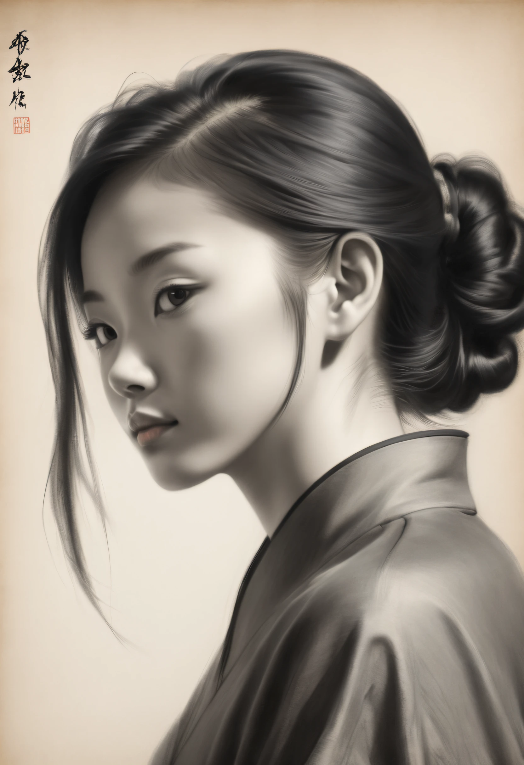 ,(Portrait,Character) 's (Chinese girl:1.1),(Side view:1.1),Portrait in (Classic charcoal style:1.2) with (Fine, detailedshadows:1.1),