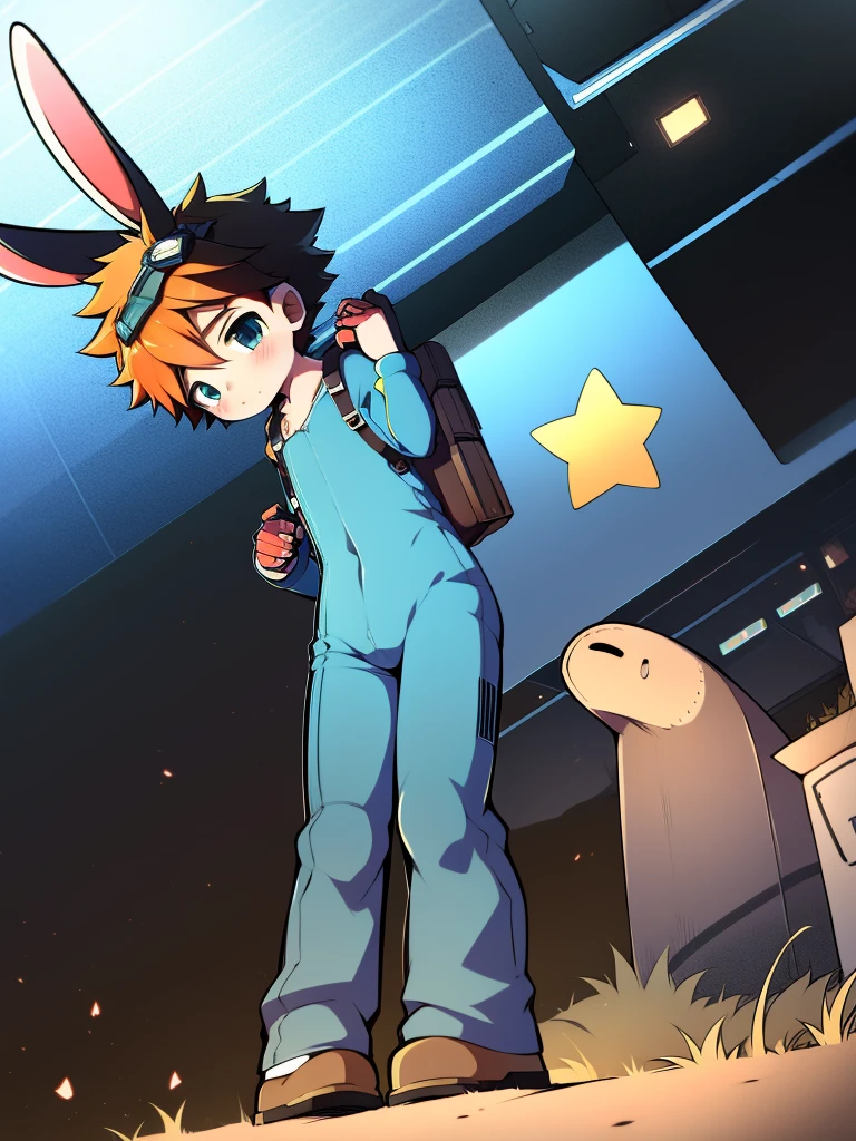 Shota, A two-dimensional anime boy,One-piece hiking suit,Rabbit ears,slender figures,Protective goggles,Fingerless gloves,adolable,standing on your feet,is shy