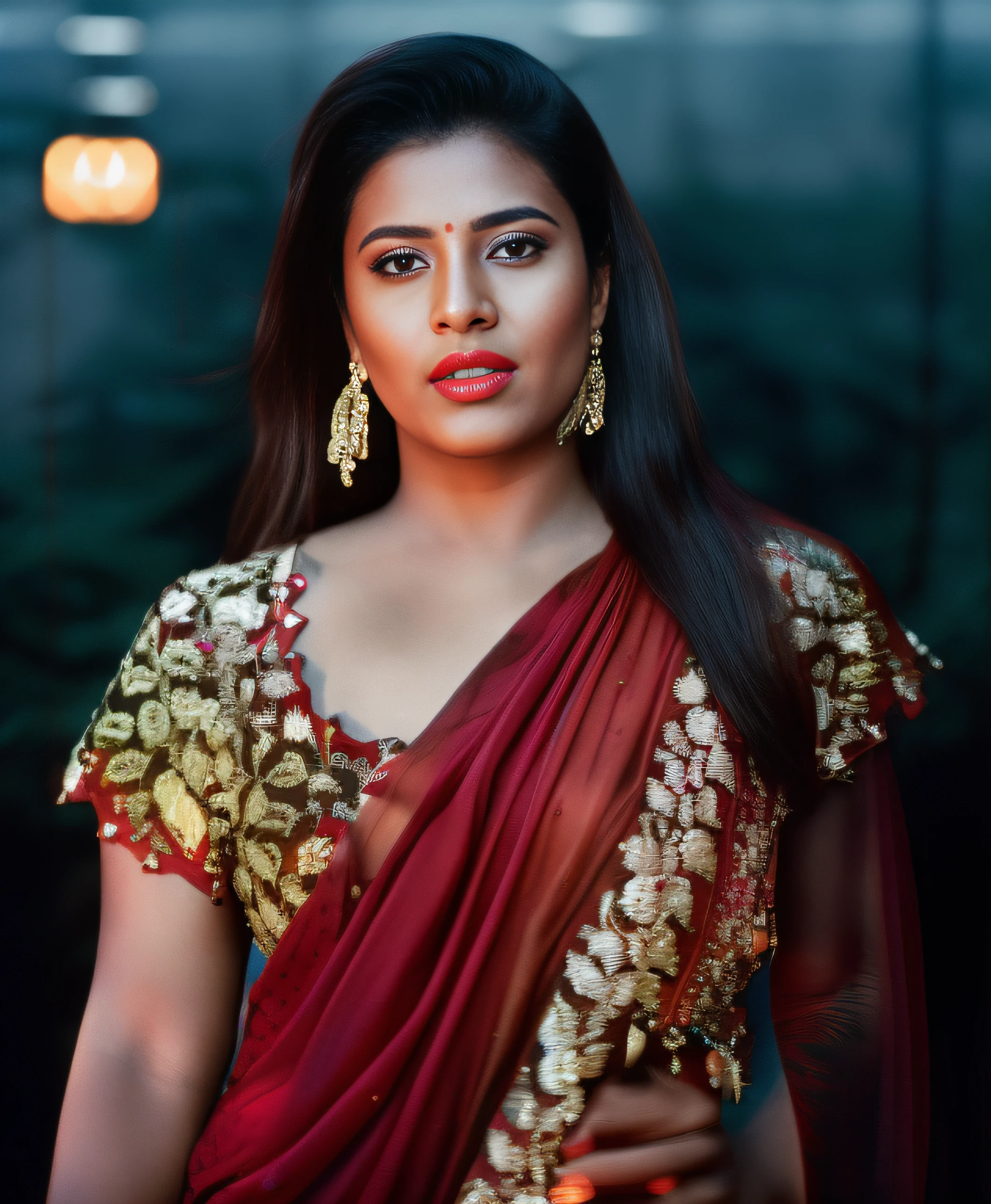 (editorial photograph of a young Indian women in red lips), karla ortiz, (highly detailed face:1.4) (smile:0.7) (bokh forest background, moody, private study:1.3) POV, by lee jeffries, nikon d850, film stock photograph ,4 kodak portra 400 ,camera f1.6 lens ,rich colors ,hyper realistic ,lifelike texture, dramatic lighting , cinestill 800, realistic, nacked big boobs actress, karla ortiz, posing!!, candid picture, by Max Dauthendey