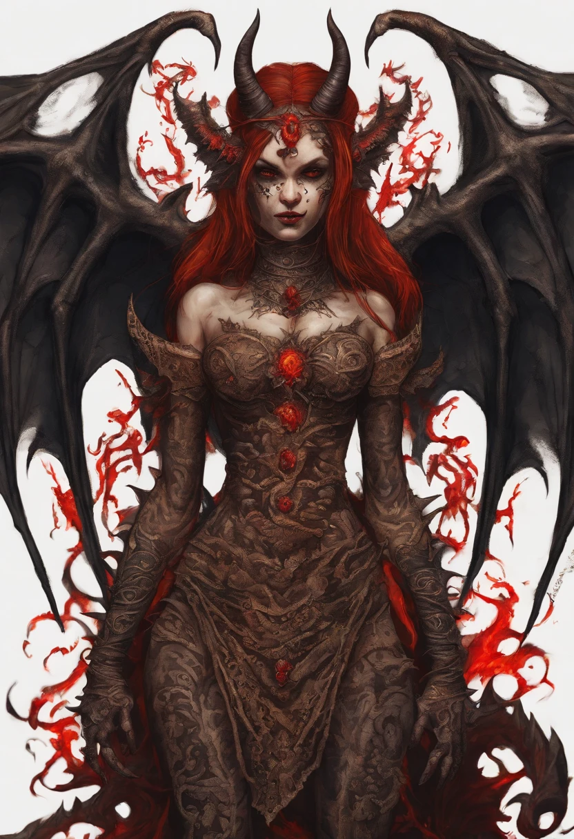 (Extremely detailed CG octane rendering 8K wallpaper), most beautiful artwork in the world, GITSEllie looks at the entire lens body of the camera, (NSFW:0.75), Full dynamic color, Intricate, High detail, Sharp focus, ((Demons in Hell,Twisty Devil's Corner,Brown skin,Tall body:1.3)),(Red hair),((She has a goat's skull on her head,Flames flickered on the surface of the garment,Tiny demonic bat wings hide on their backs:1.25)),((Sexy succubus dress,External navel incision,The upper thorax is cut outward:1.3)),Volcano and gray fog in background,Gloomy gray sky