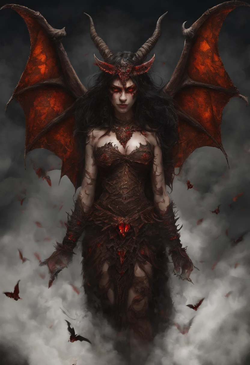 (Extremely detailed CG octane rendering 8K wallpaper), most beautiful artwork in the world, GITSEllie looks at the entire lens body of the camera, (NSFW:0.75), Full dynamic color, Intricate, High detail, Sharp focus, ((Demons in Hell,Twisty Devil's Corner,Brown skin,Tall body:1.3)),(Red hair),((She has a goat's skull on her head,Flames flickered on the surface of the garment,Tiny demonic bat wings hide on their backs:1.25)),((Sexy succubus dress,External navel incision,The upper thorax is cut outward:1.3)),Volcano and gray fog in background,Gloomy gray sky