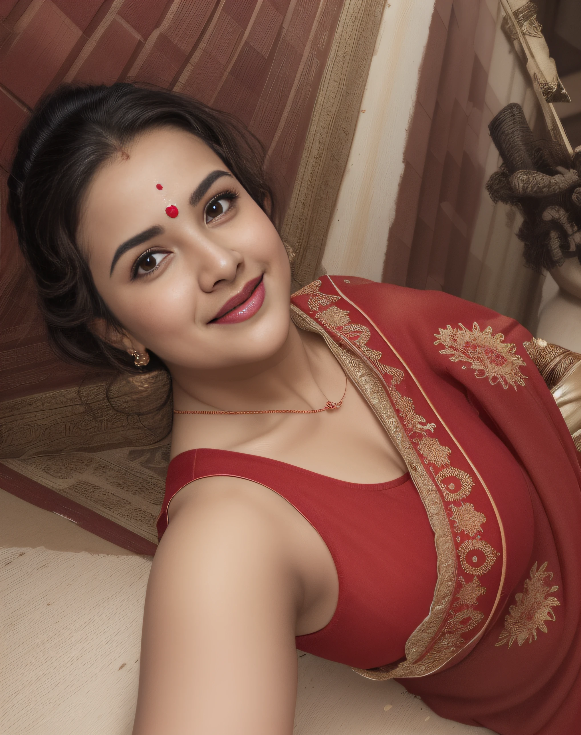Day scene, close up photo of a sexy divya bharti as maid, cleaning floor in a palace, big cheeks, curvy, super stylish red saree with wide open breasts, accessories, earrings, necklace, erotic face, 36 yo, ponytail, look at viewer and smile, (cinematic:1.3), intricate details, (ArtStation:1.2)