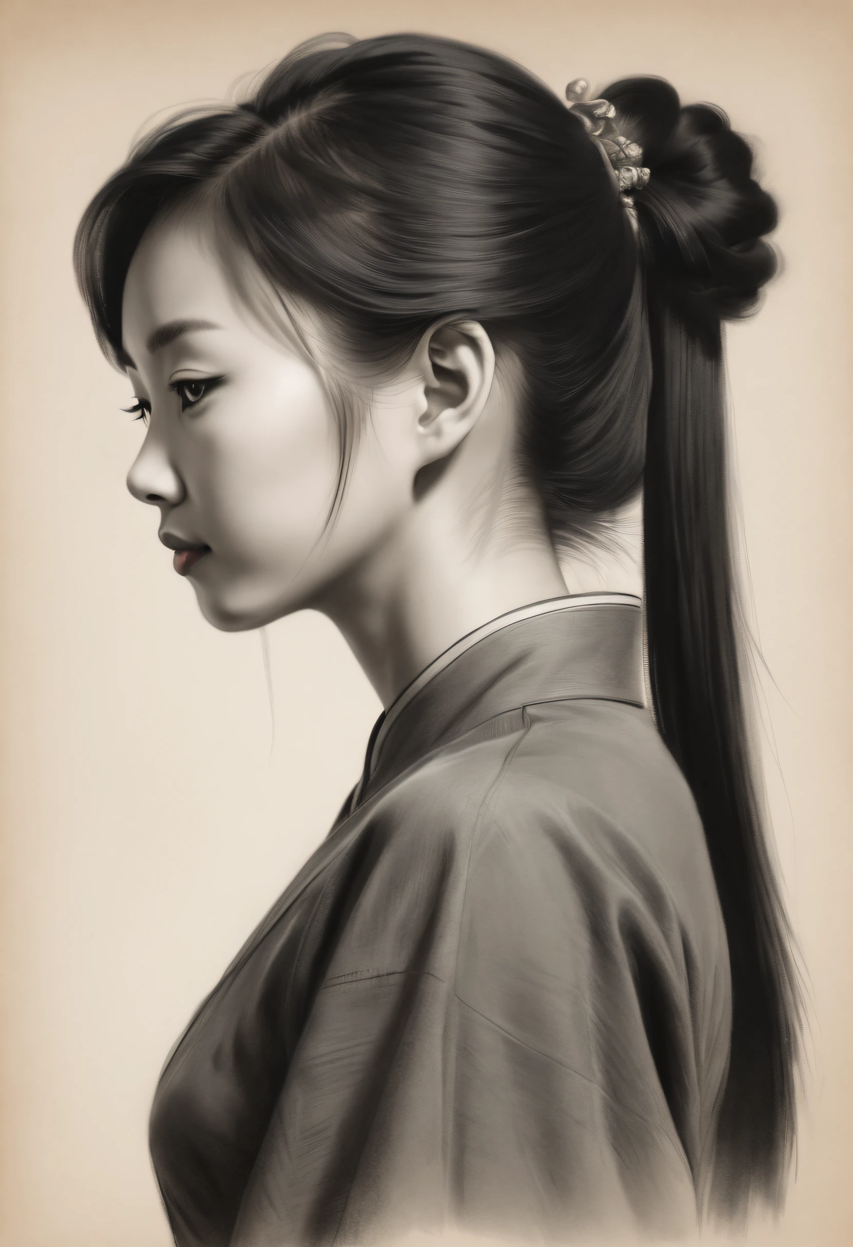 ,(Portrait,Character) 's (Chinese girl:1.1),(Side view:1.1),Portrait in (Classic charcoal style:1.2) with (Fine, detailedshadows:1.1),