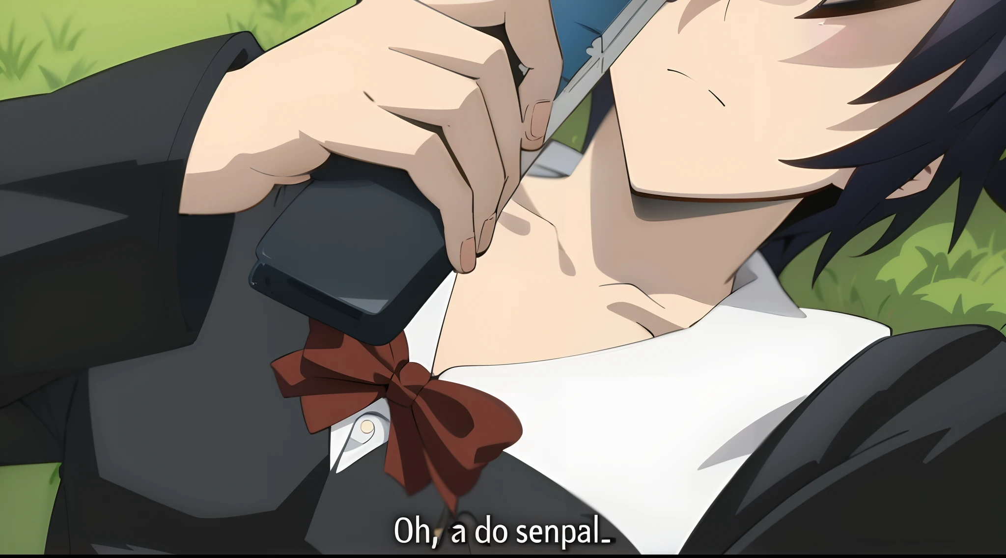 cara de anime falando em um celular com uma gravata borboleta, FLCL + Golgo 13 :10, cuta anime, Otaku Gangasta, ( ( ( Yoh Yoshinari ) ) ), gendo ikari smoking a joint, detalhes finos. anime. Peles, cena de anime, screencap anime, captura de tela do anime, em um anime
