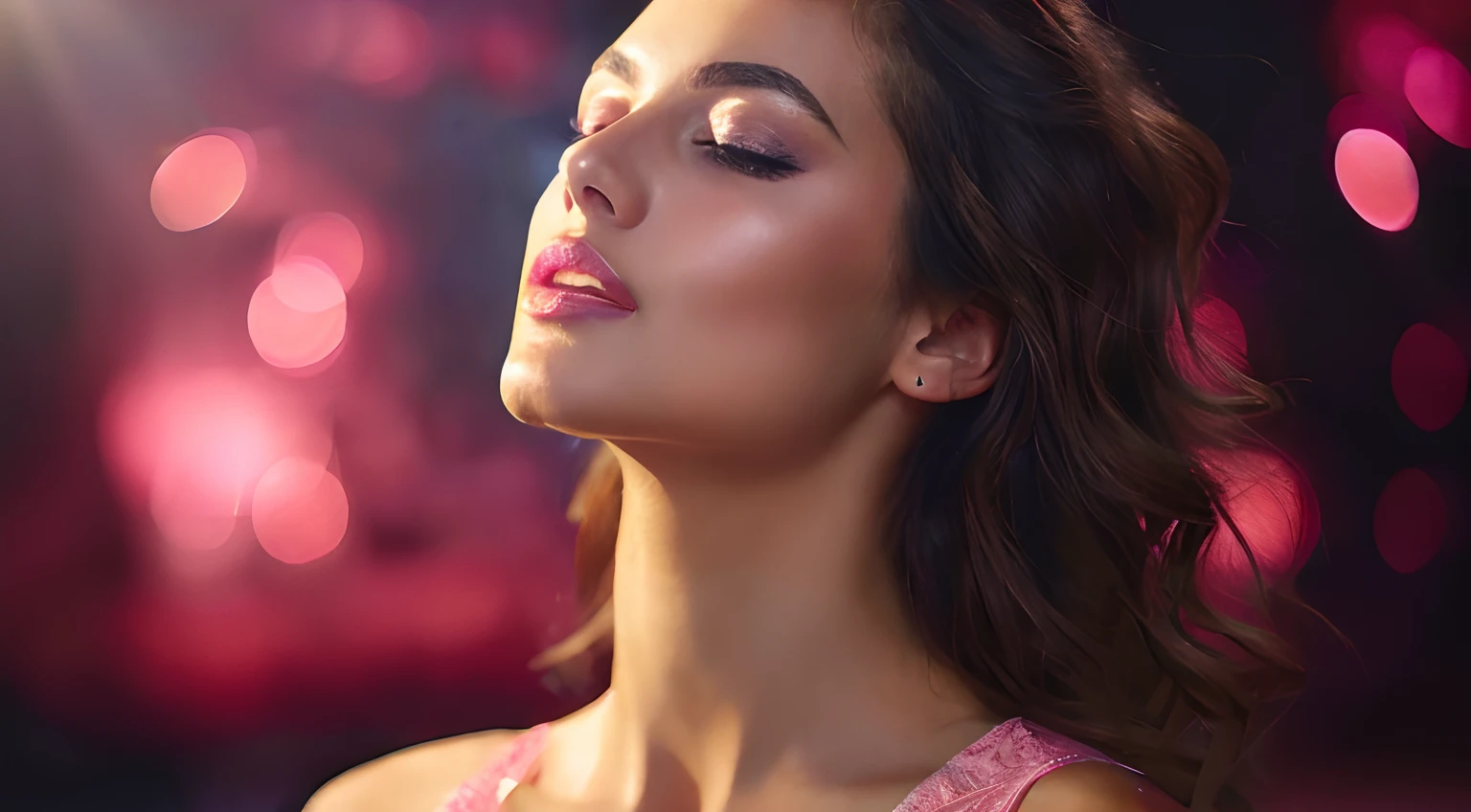 Woman in pink dress and pink lips, 8 k sensual lighting, sultry digital painting, Sexy face, sensual face,Full of makeup, jaw-droppingly beautiful, glossy digital painting, sensual lighting, Detailed sensual face, Jaw-dropping beauty, Sensual woman, Sexy lips, Dramatic facial lighting, Glowing pink face, Backlit beautiful face